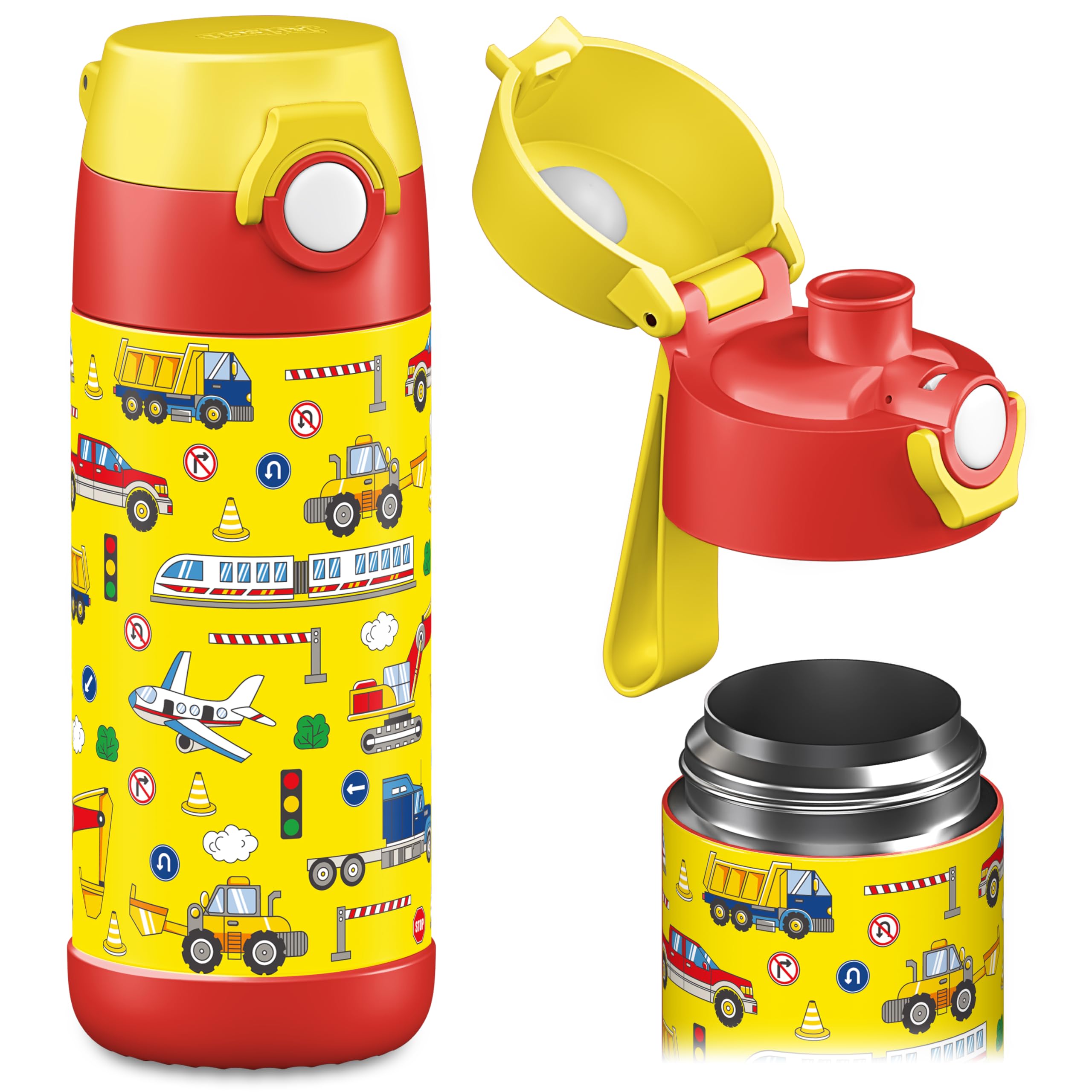 Jarlson® Trinkflasche Kinder Edelstahl MALI [THERMOSFLASCHE] - Kindertrinkflasche Auslaufsicher - Thermoskanne Kohlensäure geeignet - Thermo Trink Flasche für Schule & Kindergarten (350ml, Fahrzeuge)