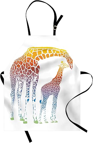 Ambesonne Delantal de jirafa, mamá jirafa en colores arco iris, arte abstracto, imagen surrealista de animal, babero de cocina unisex con cuello