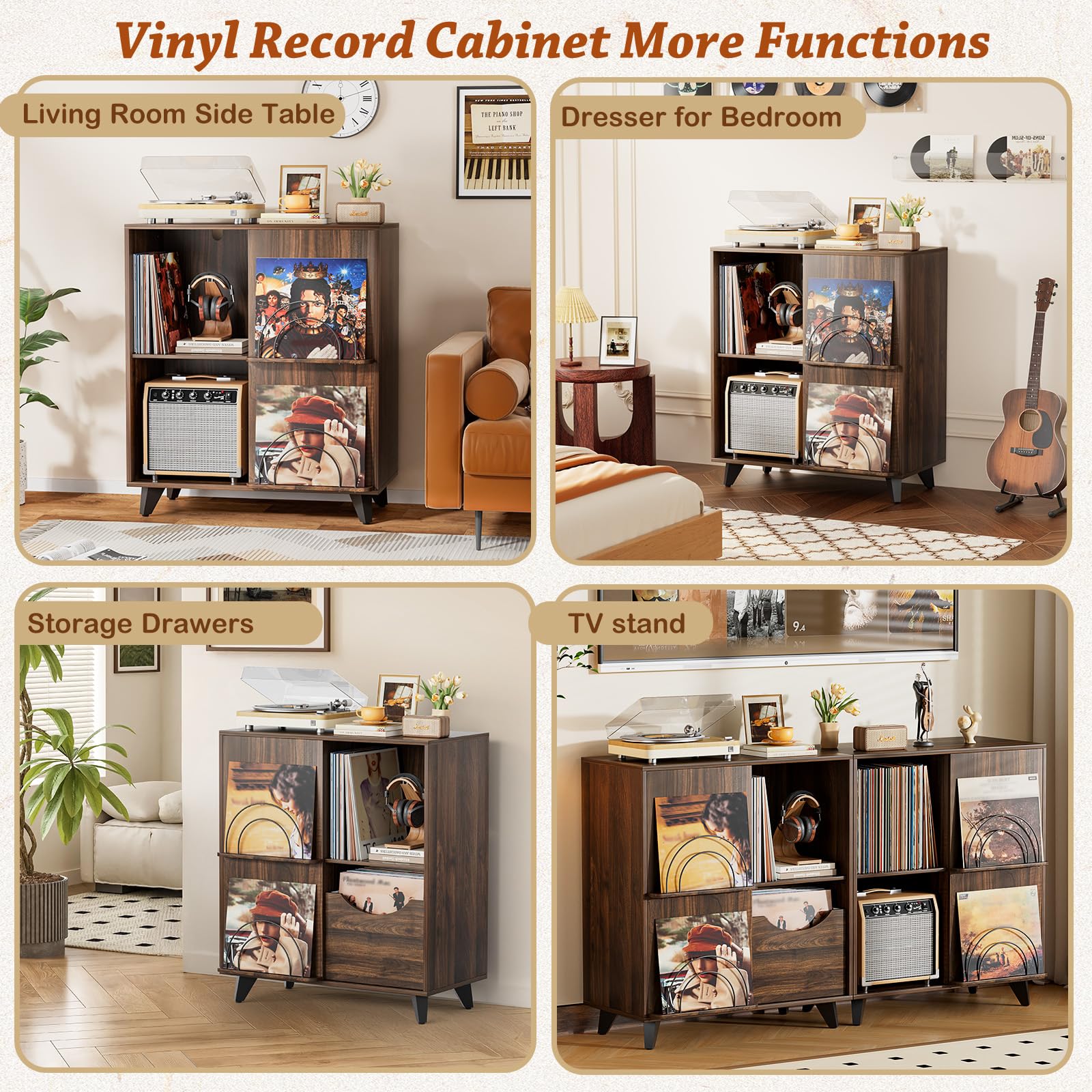 Bikoney Mobile Vinili - Mobiletto per Giradischi con Espositore Album | Supporto per giradischi e casse con 1 cassetto. Mobile TV retrò e credenza per dischi in legno.