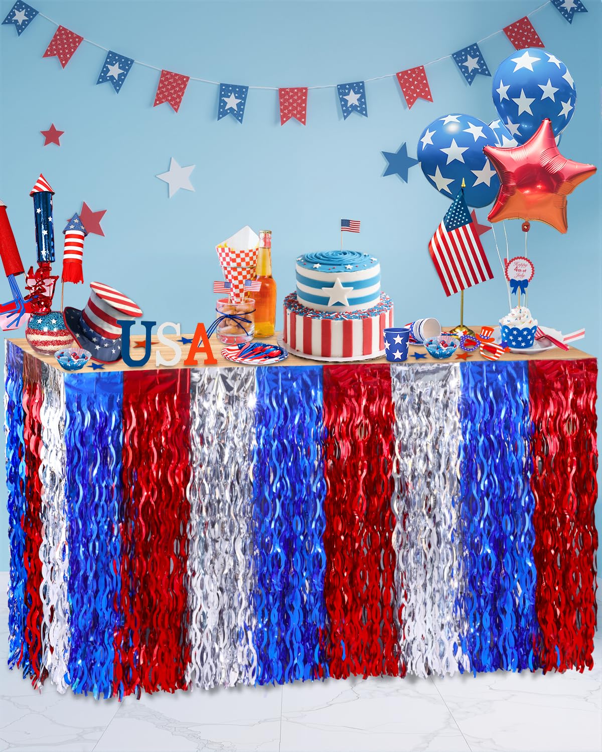 Glavatrix 2 Pack 4th of July Table Skirt, Red White and Blue Wavy Metallic Tinsel Foil Fringe Curtain Tablecloth, Streamer Backdrop Party Decorations for Patriotic Parties Supplies (2 PACK)