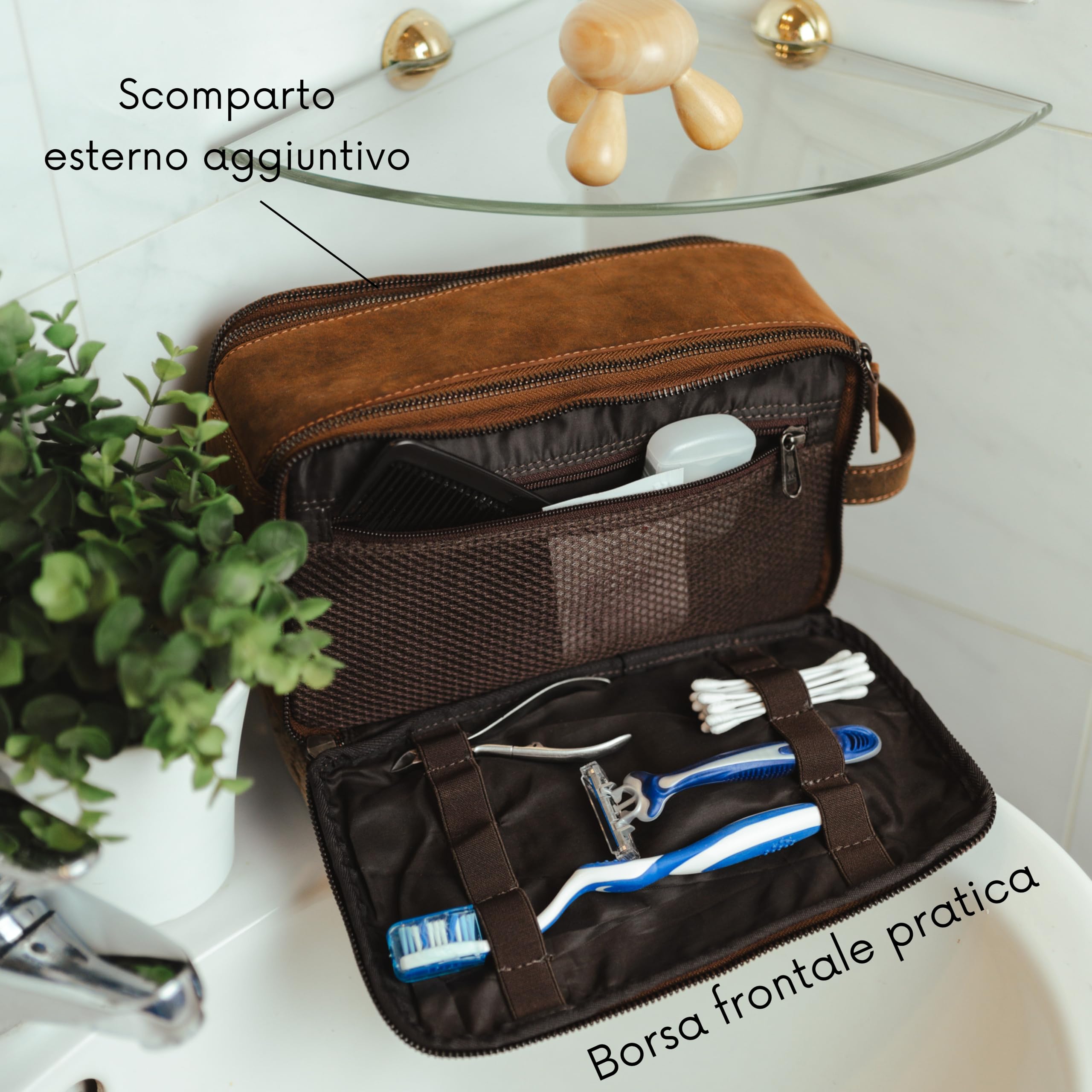 Baur beauty case in vera pelle – grande trousse da viaggio con molto spazio – beauty case da donna e uomo (Pelle di bufalo marrone)