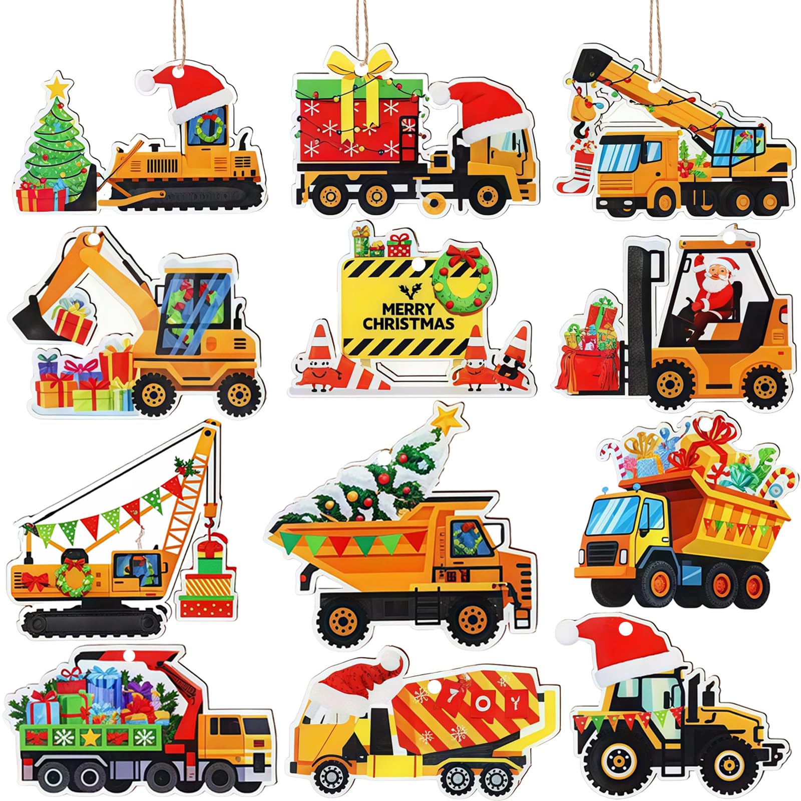 VARACL 24PCS Wooden Construction Equipment Ornaments for Christmas Tree Decoration, Vintage Trucks Excavator Kids Christmas Ornaments Tree Hanging Crafts for Winter Holiday Home Xmas Party Supplies