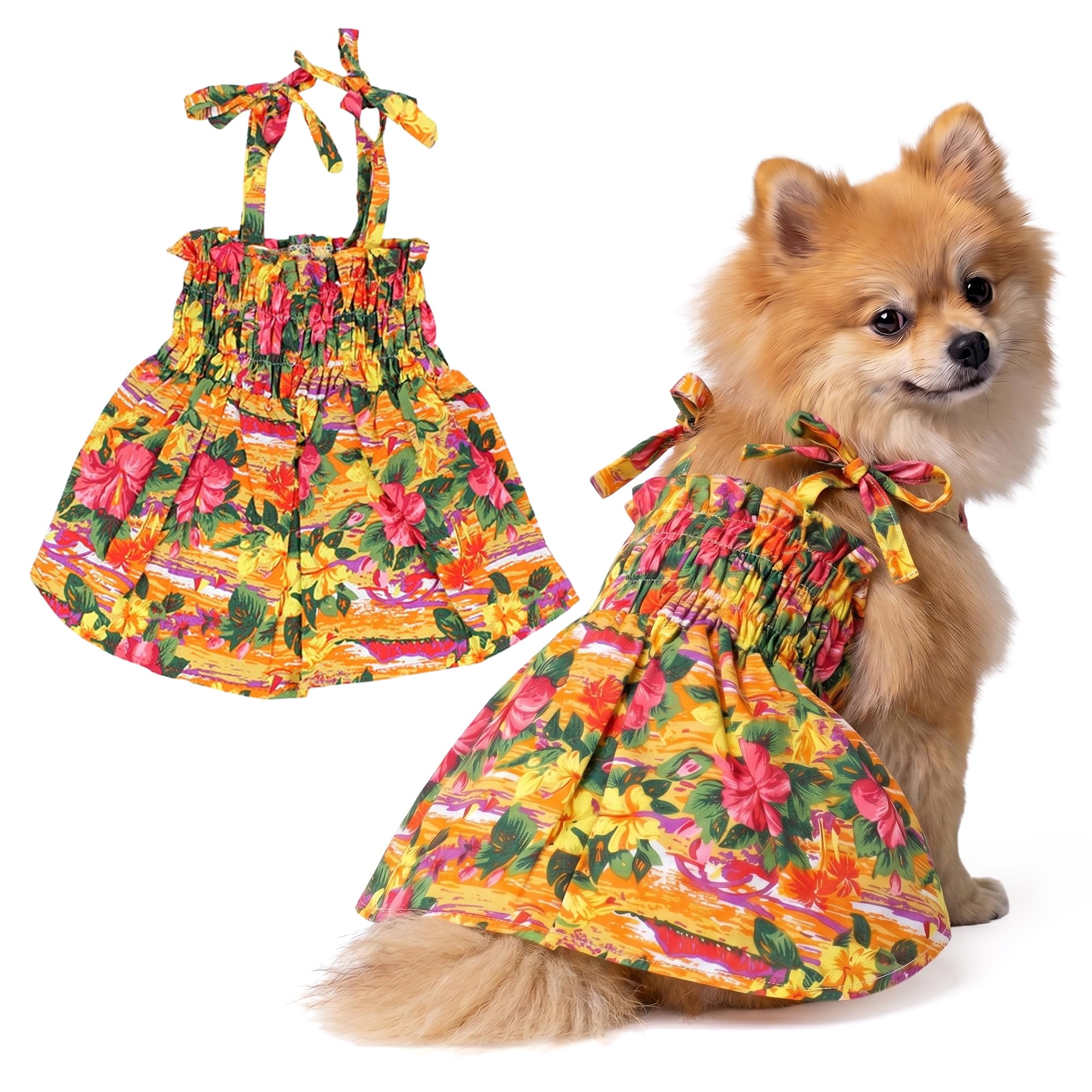 Tenue de plage florale pour chien et balade estivale en robe hawaïenne