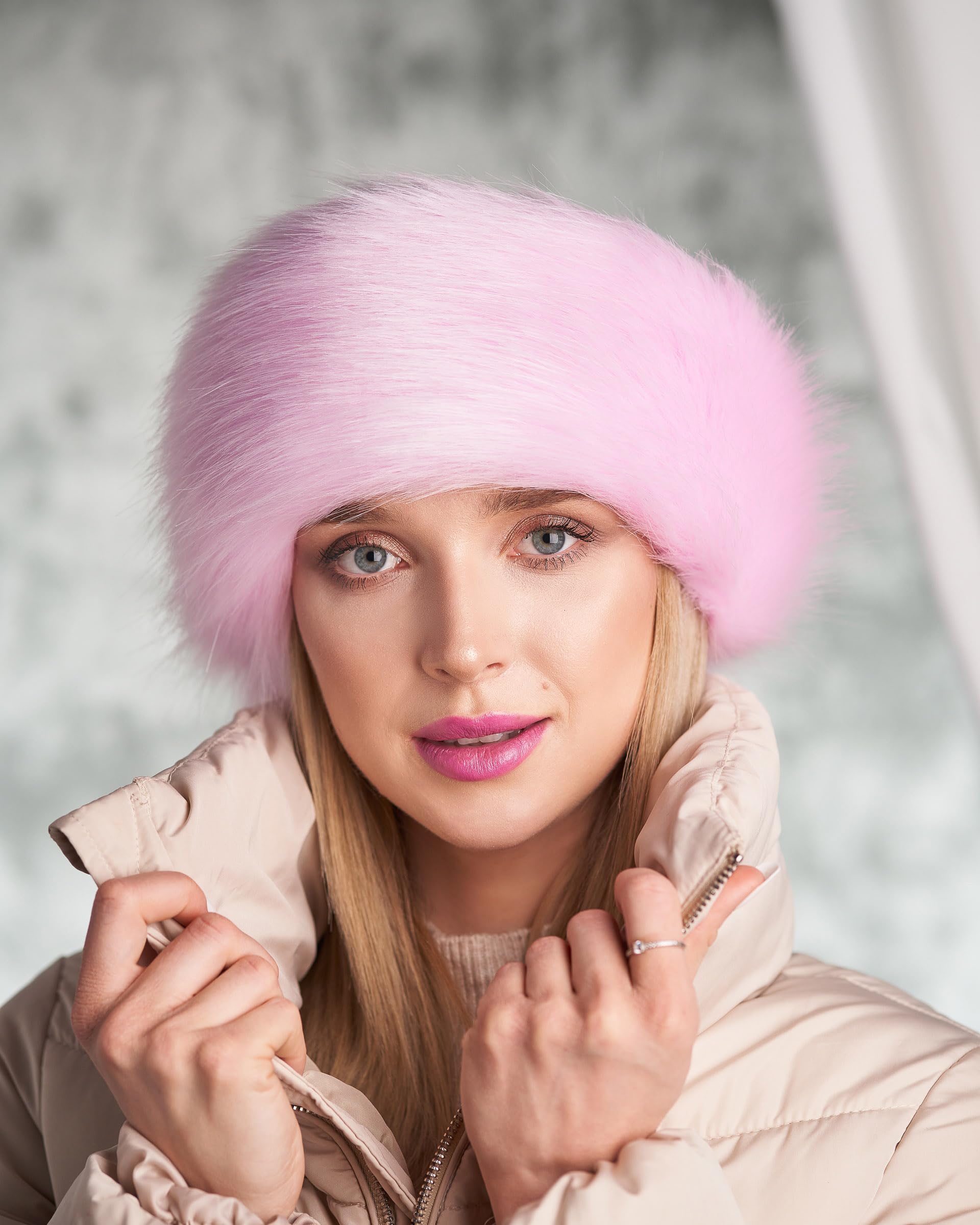 Futrzane Classic Headband - Faux Fur Headbands for Women - Furry Band for Winter - Size M (Pink Classic) - Image 2