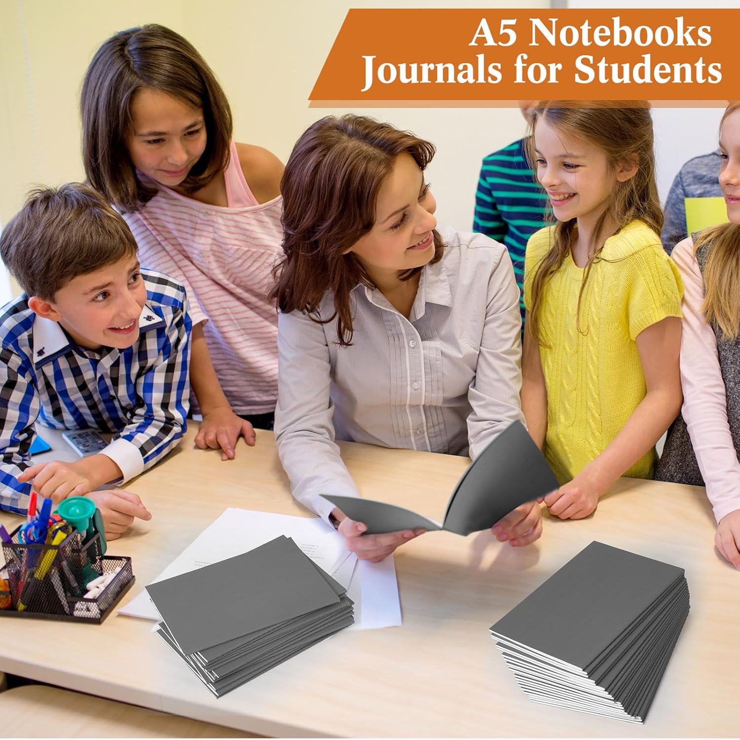 Sepamoon 150 Pack Kraft Notebook Journals 5.82 Inch x 4.13 Inch A6 Softcover Notebooks Bulk for Kids Student Writing Sketch Travel Journal Office Notepad with 48 Pages 24 Sheets, Lined(Dark Gray)