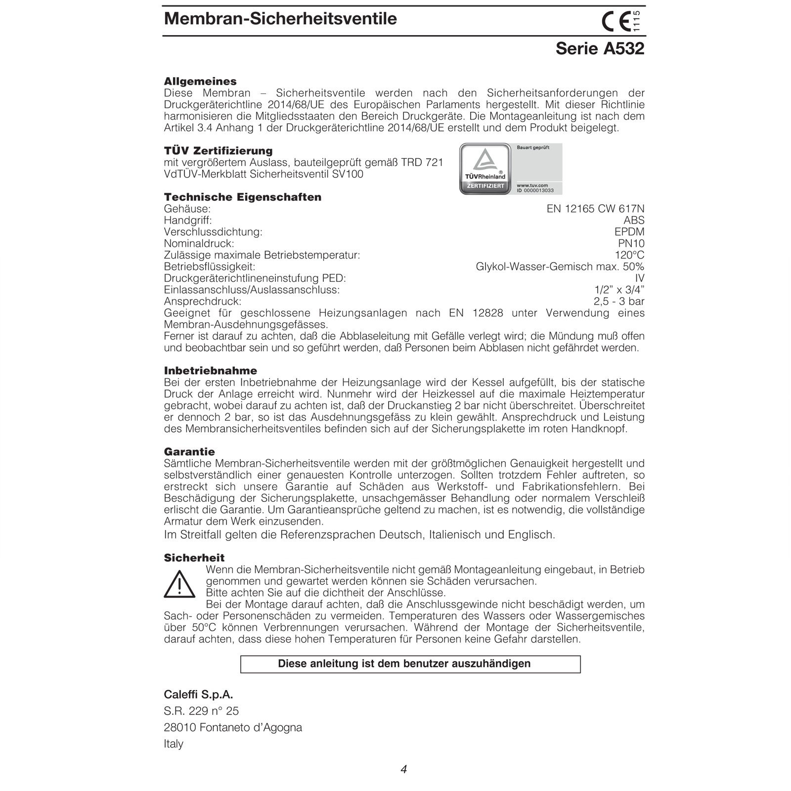Caleffi 302631 Groupe de sécurité pour chaudière jusqu'à 50 kW avec isolation pour chauffage