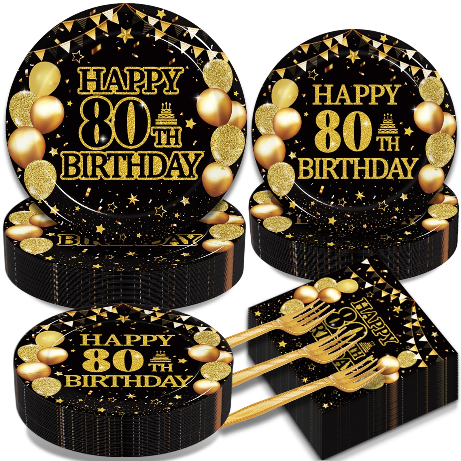 Kepeel 200Pcs 80th Birthday Party Tableware Set, Back in 1946 Birthday Party Decorations Supplies for Men Women Cheers to 80 Years Disposable Paper