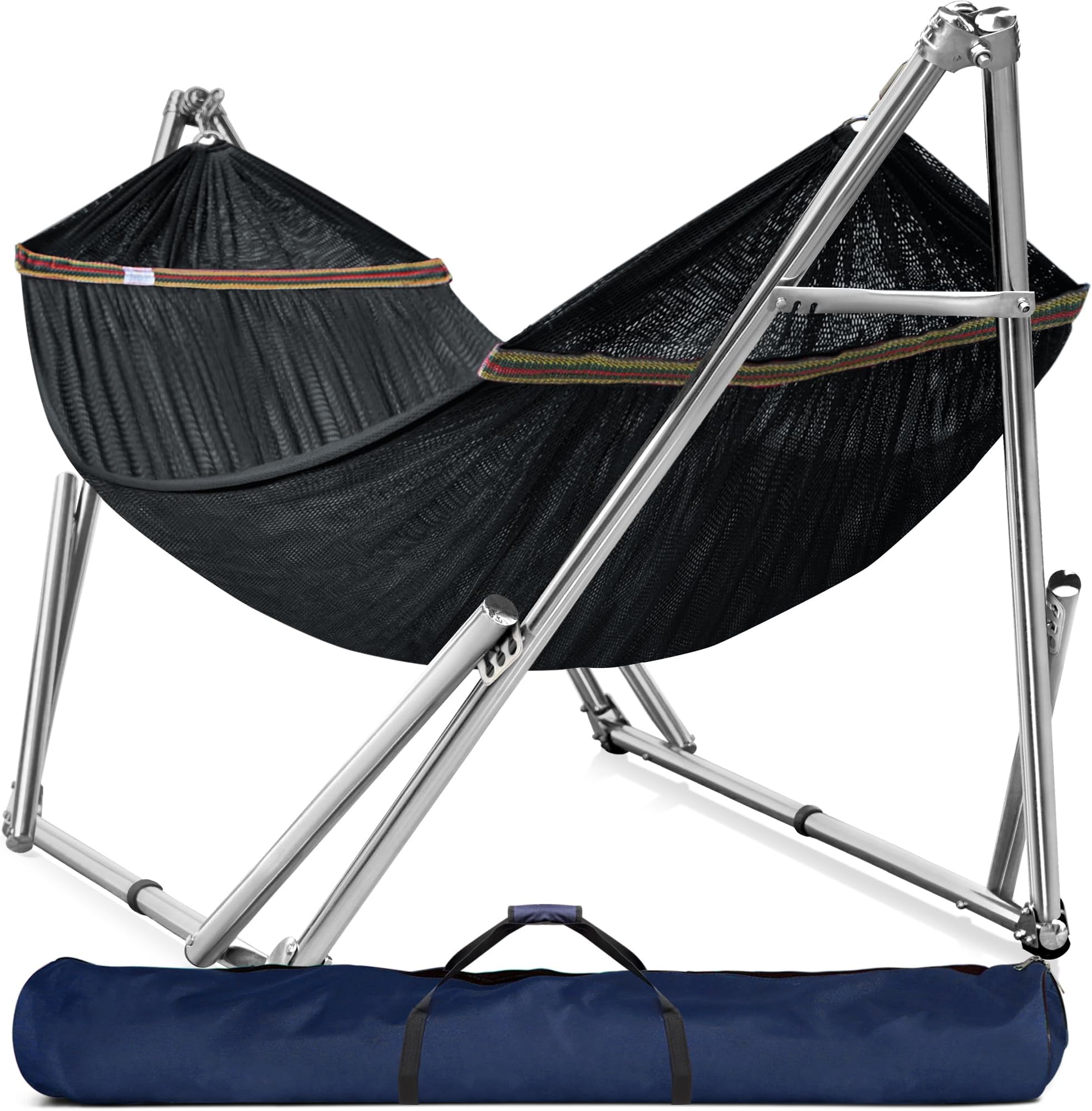 Tranquillo Double Hammock with Stand 650lb Capacity Double Hammock with Spreader Bar, Solid Grade 201 Stainless Steel 30s Set Up, Sturdy Flexible Hammock Stand Portable, Outdoor Indoor, Black