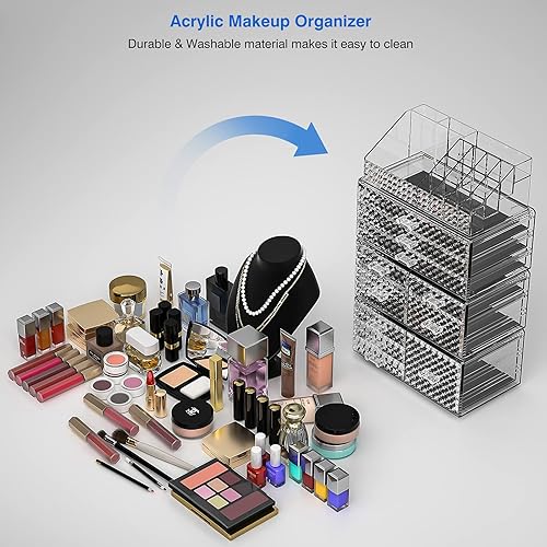 Miniatura 6 de Awenia Paquete de 4 organizadores de maquillaje apilables actualizado, almacenamiento de cosméticos acrílicos, gran capacidad con 11 cajones para