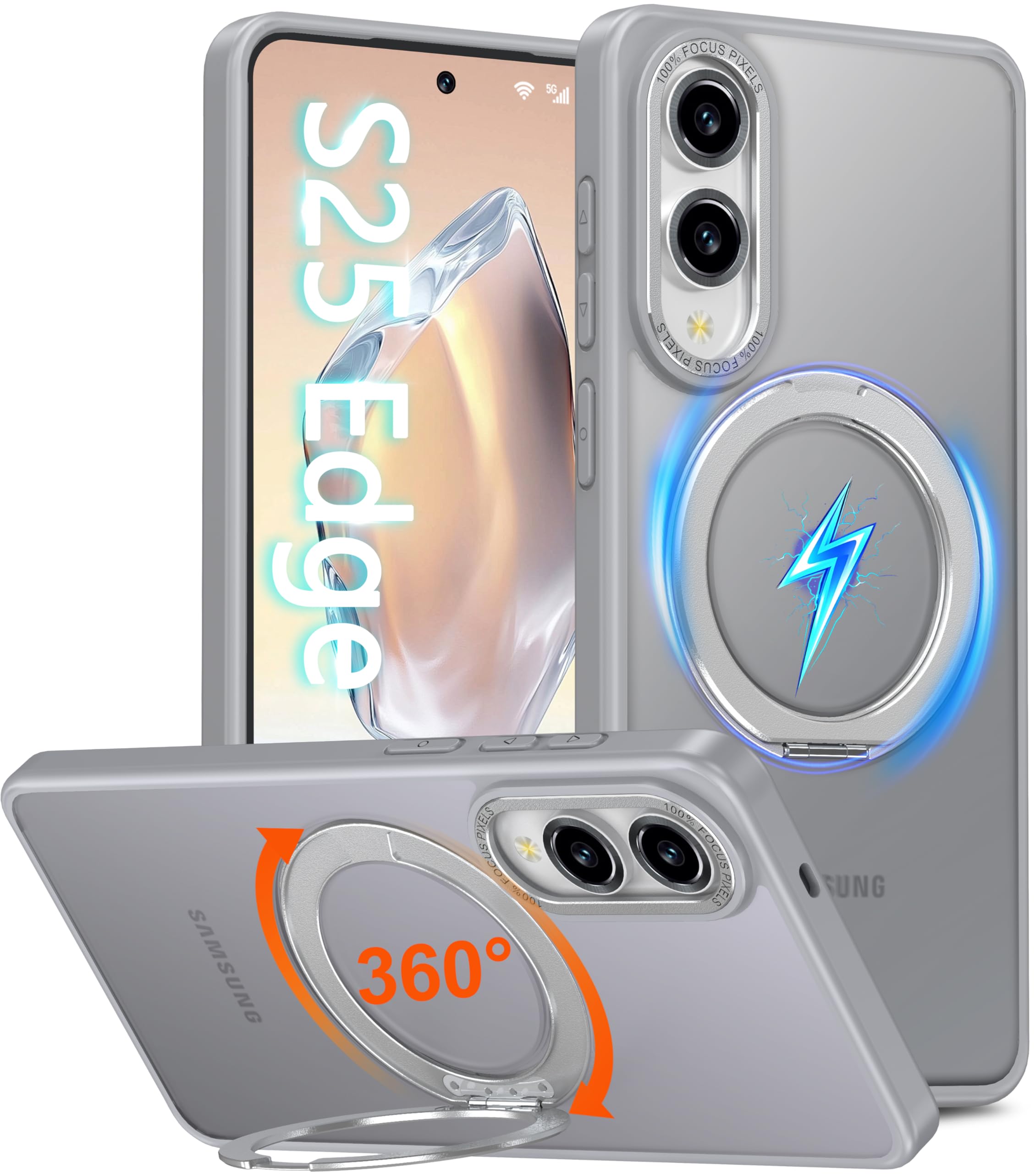 Oterkin 360° Rotatable Magnetic Stand for Samsung Galaxy S25 Edge Case, [Magsafe Compatible][12FT Shockproof][360° Spin Magnetic Ring] Translucent Matte Slim Phone Case for Galaxy S25 Edge, Gray