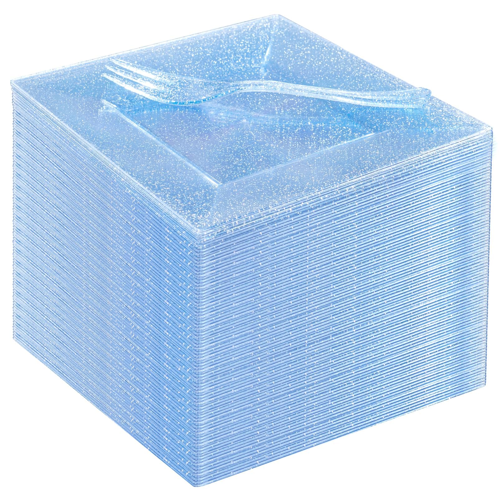 DaYammi 100Pcs Blue Glitter Dessert Plates Including 50Pcs Appetizer Plates 6" and 50Pcs Plastic Forks 5.7",Blue Plastic Square Plate for Party,plastic Salad Plate and Cake Forks for Wedding Birthday