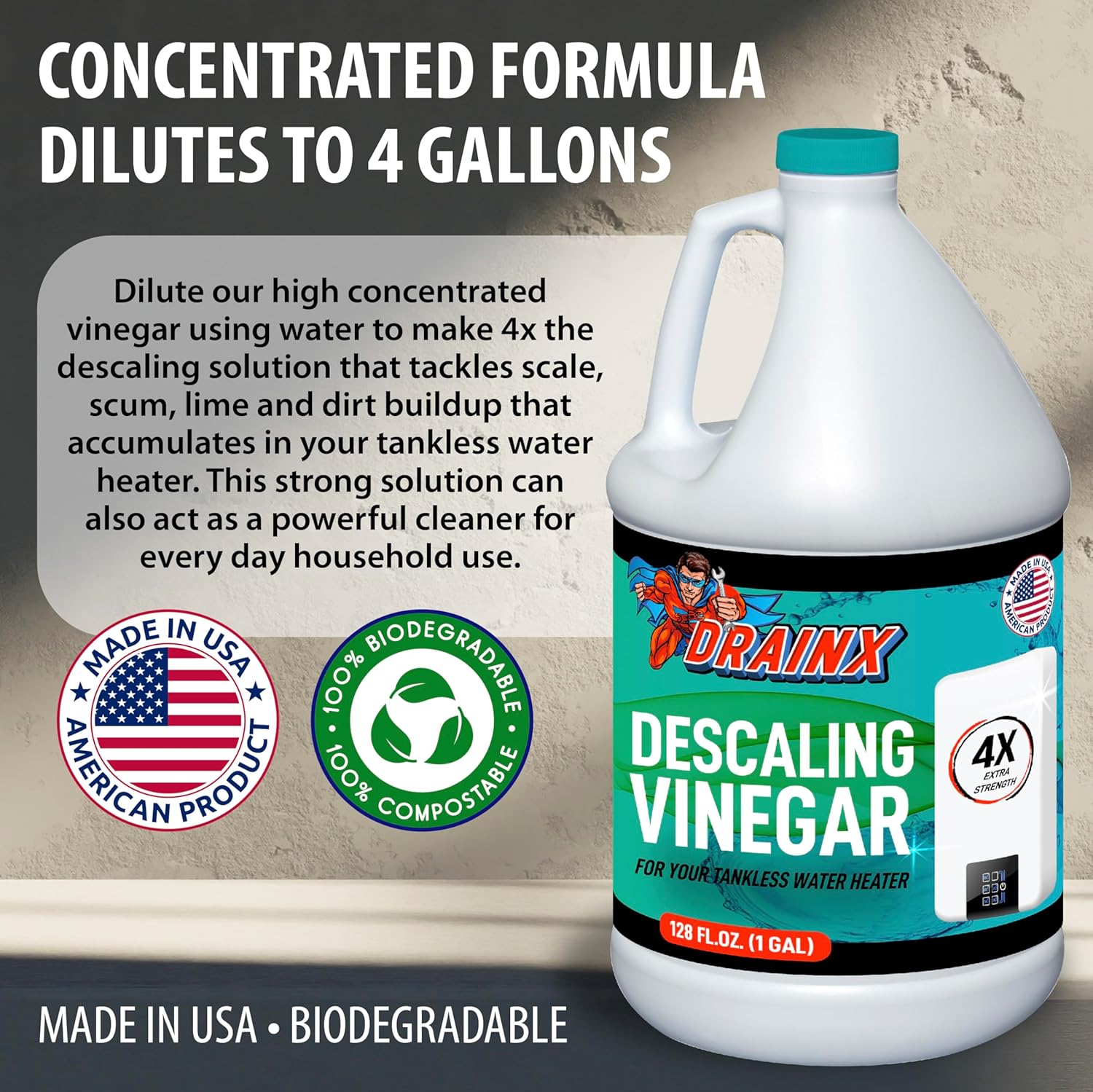 DrainX Tankless Water Heater Flushing Kit Includes Pump, Hoses, 5-Gallon Bucket, Concentrated Vinegar, and Replacement Filter for Rinnai Systems