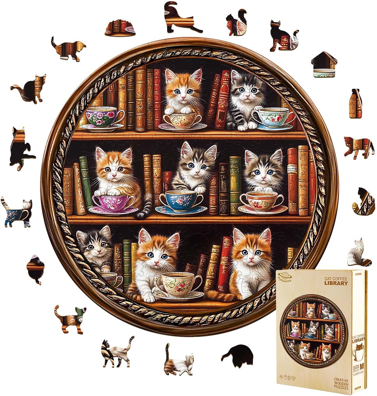 Wooden Puzzles for Adults - Cat Coffee Library Puzzle, Unique Shape Wooden Jigsaw Puzzle, Cat Puzzles for Adults, Good Gift Idea for Family and Friends, Home Decor (M -11.4 * 11.4in -200 Pieces)