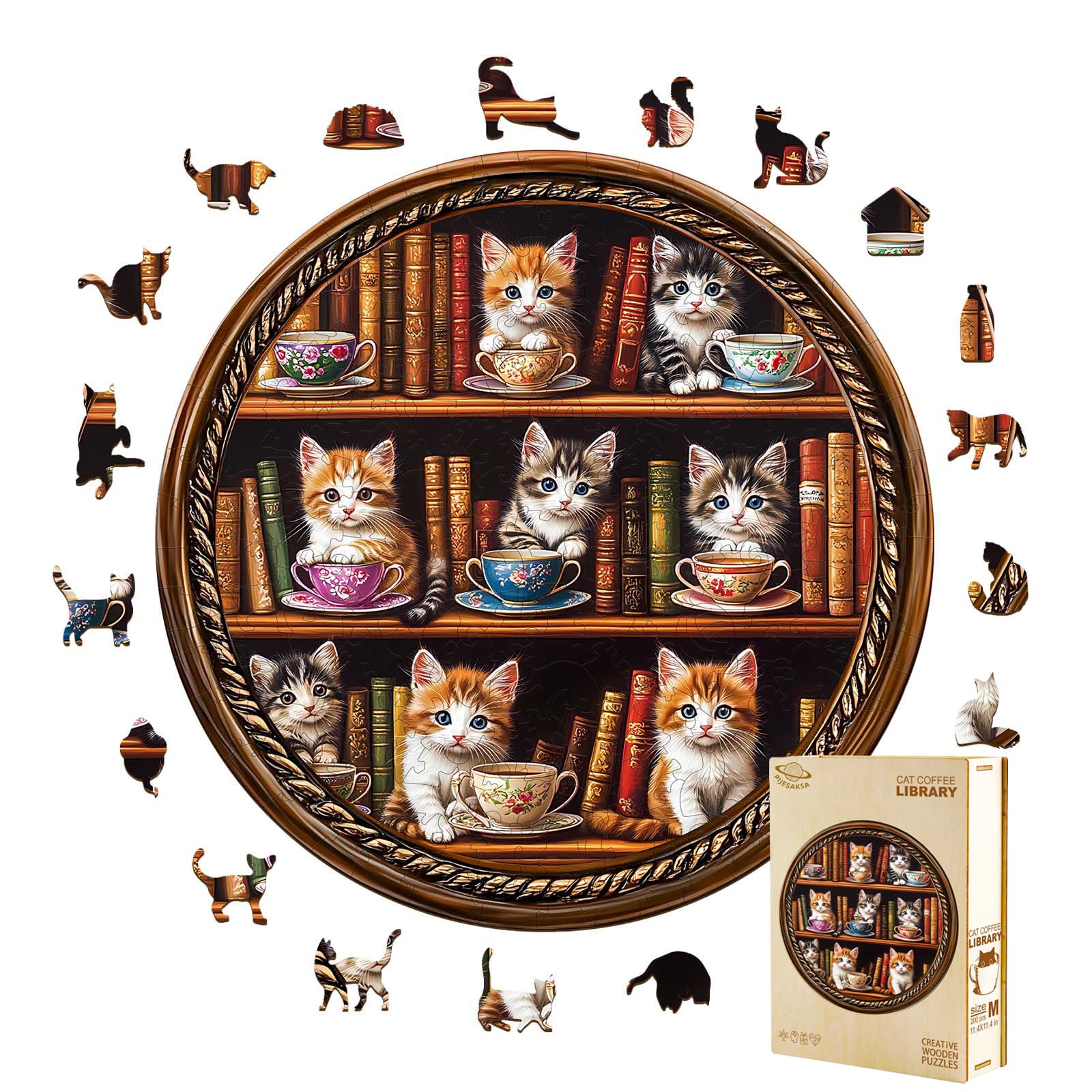 Wooden Puzzles for Adults - Cat Coffee Library Puzzle, Unique Shape Wooden Jigsaw Puzzle for Adults, Wood Puzzles Adult, Gift for Cat Lovers, Home