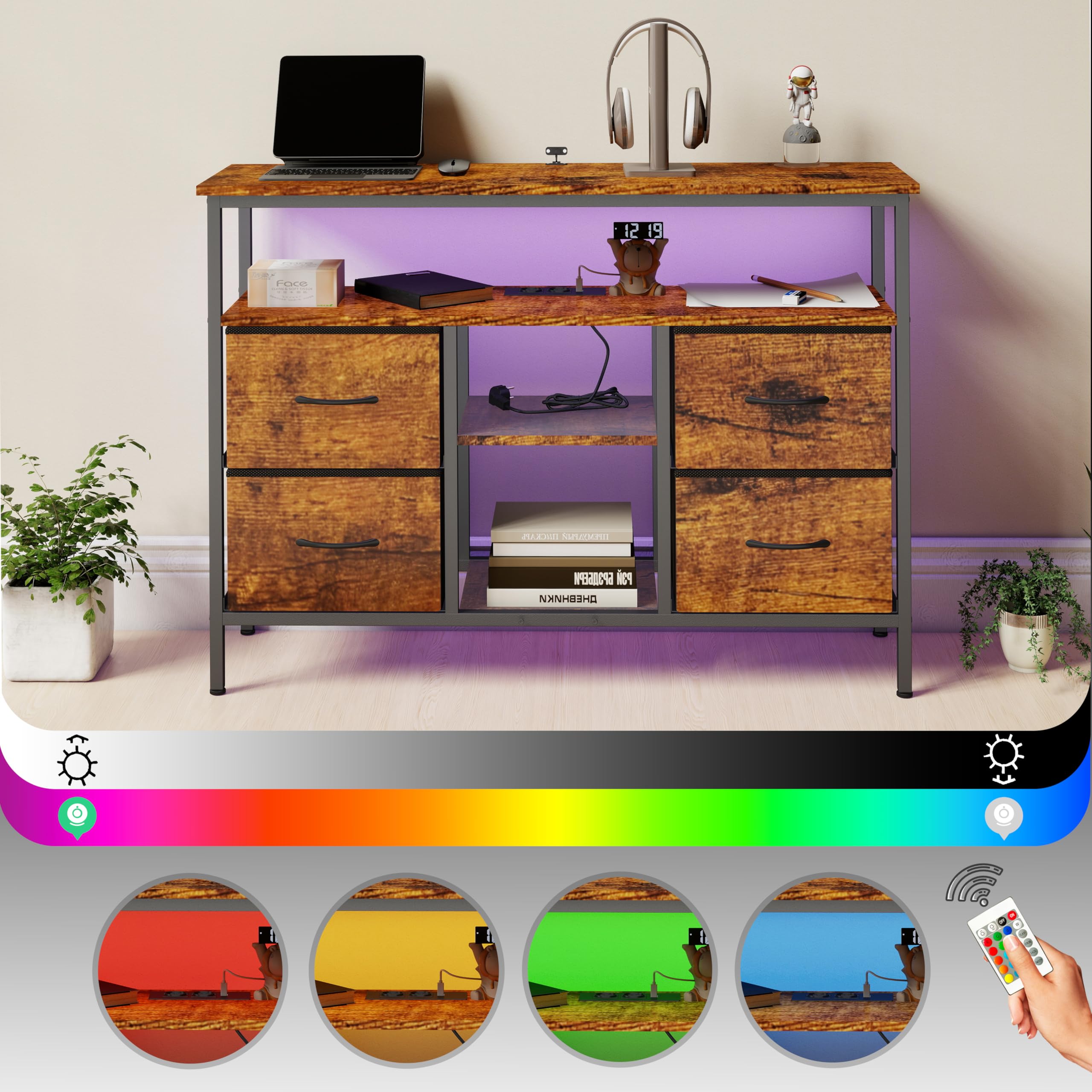 Cassettiera retrò con quattro cassetti e presa integrata, cassettiera in tessuto non tessuto con maniglie, cassettiere e credenze nere