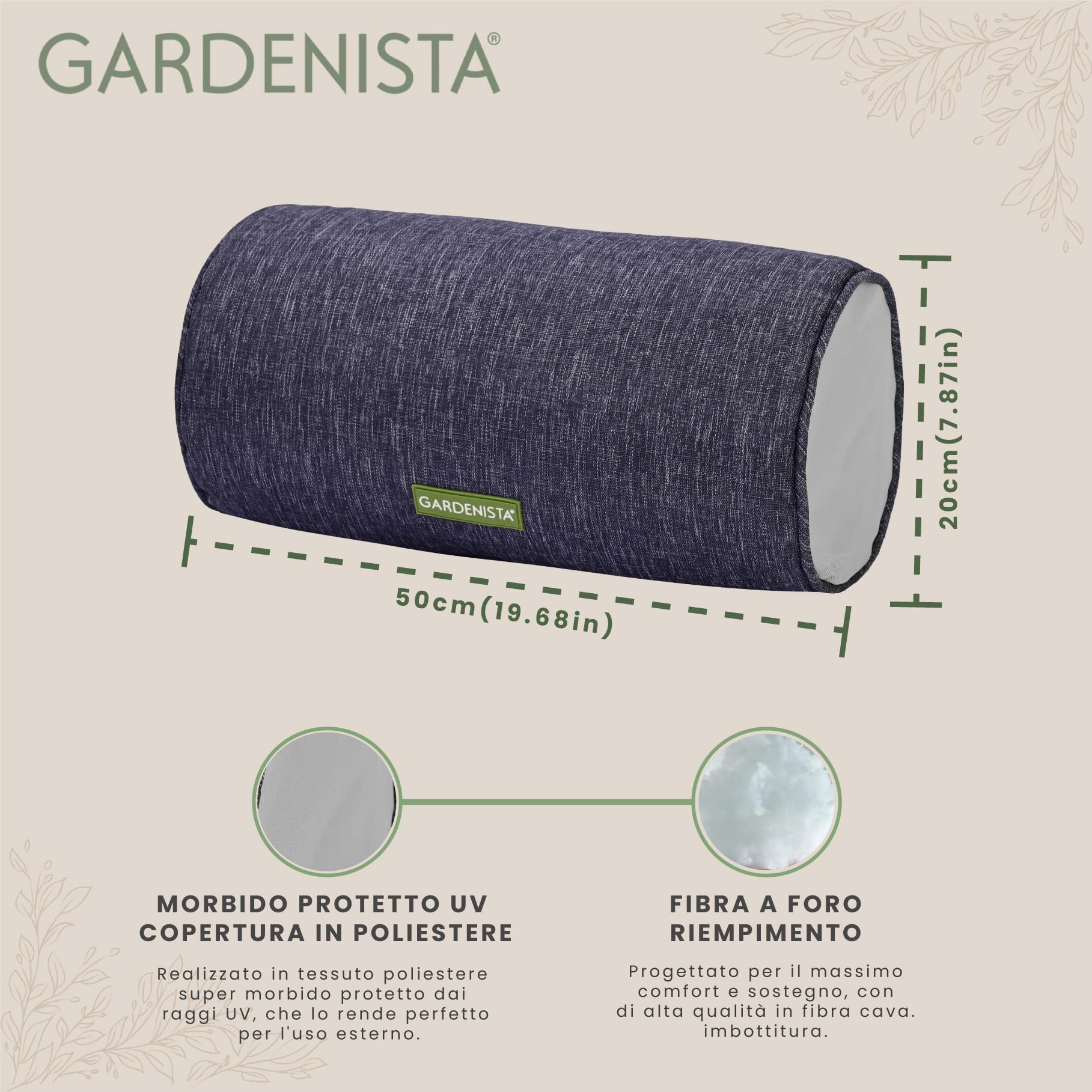 Gardenista Cuscini per Esterni Round Bolster | Impermeabili e Resistenti alle Intemperie 50x20cm Cuscino | Protetti Contro i Raggi UV, Materiale Durevole | Comodi per Giardino (Grigio)