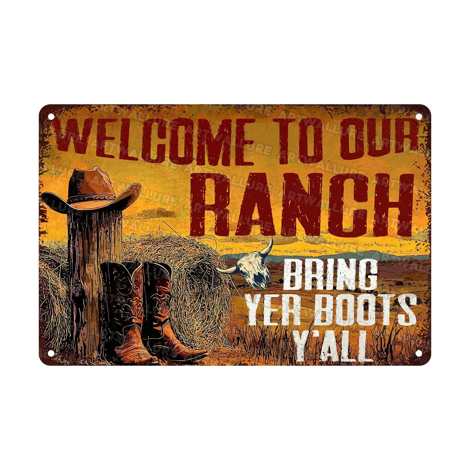 Metal Welcome To Our Ranch Farmhouse Vintage Sign Western Decoration and Country Home for Animal Farm Cowboys Decor 8x12Inch