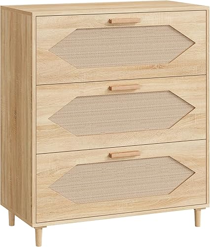 Miniatura 8 de GarveeHome Cómoda de 3 cajones, cómoda para dormitorio, cómoda moderna de ratán, cómoda de madera, armarios de almacenamiento de madera para