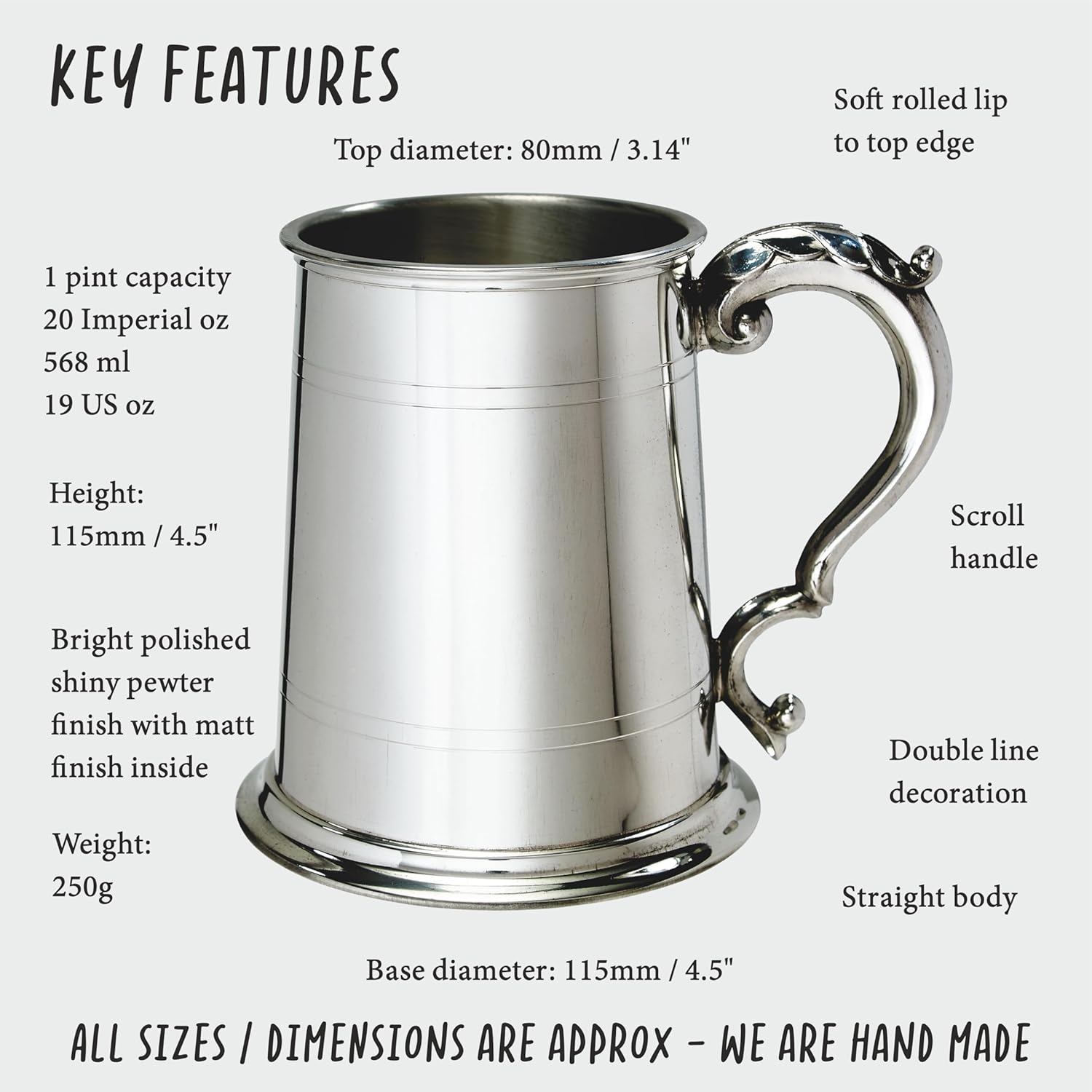 Wentworth Pewter - Standard Lined Fancy Handle 1 pint pewter Tankard (with engraving)