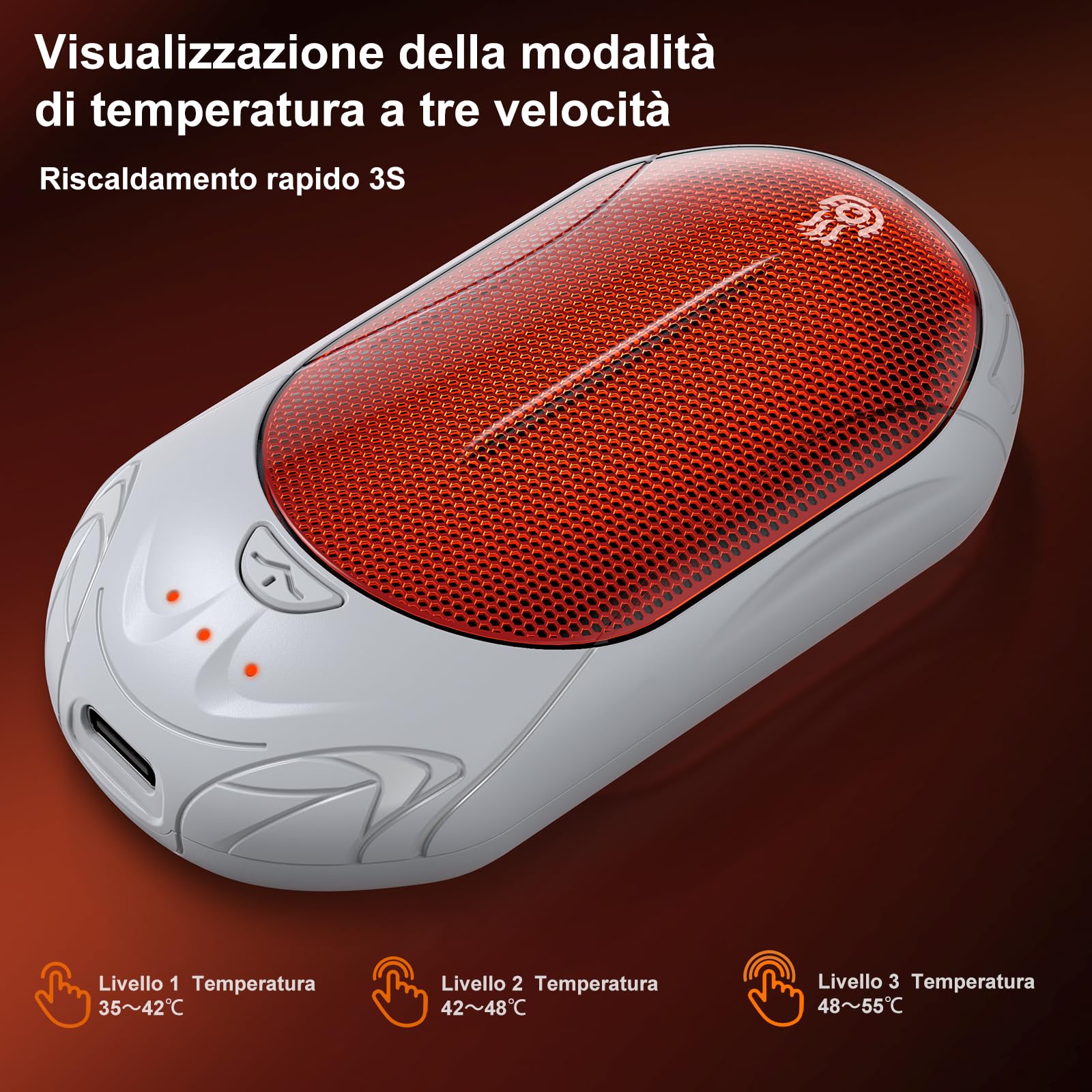 Scaldamani Elettrico 6000 mAh,OUTJUT 2 Pezzi Diviso Scaldamani Ricaricabile, Riutilizzabile Elettrico Scaldamani, USB a Ricarica Rapida, Calore con 3 Livelli per Raynauds e all'Aperto