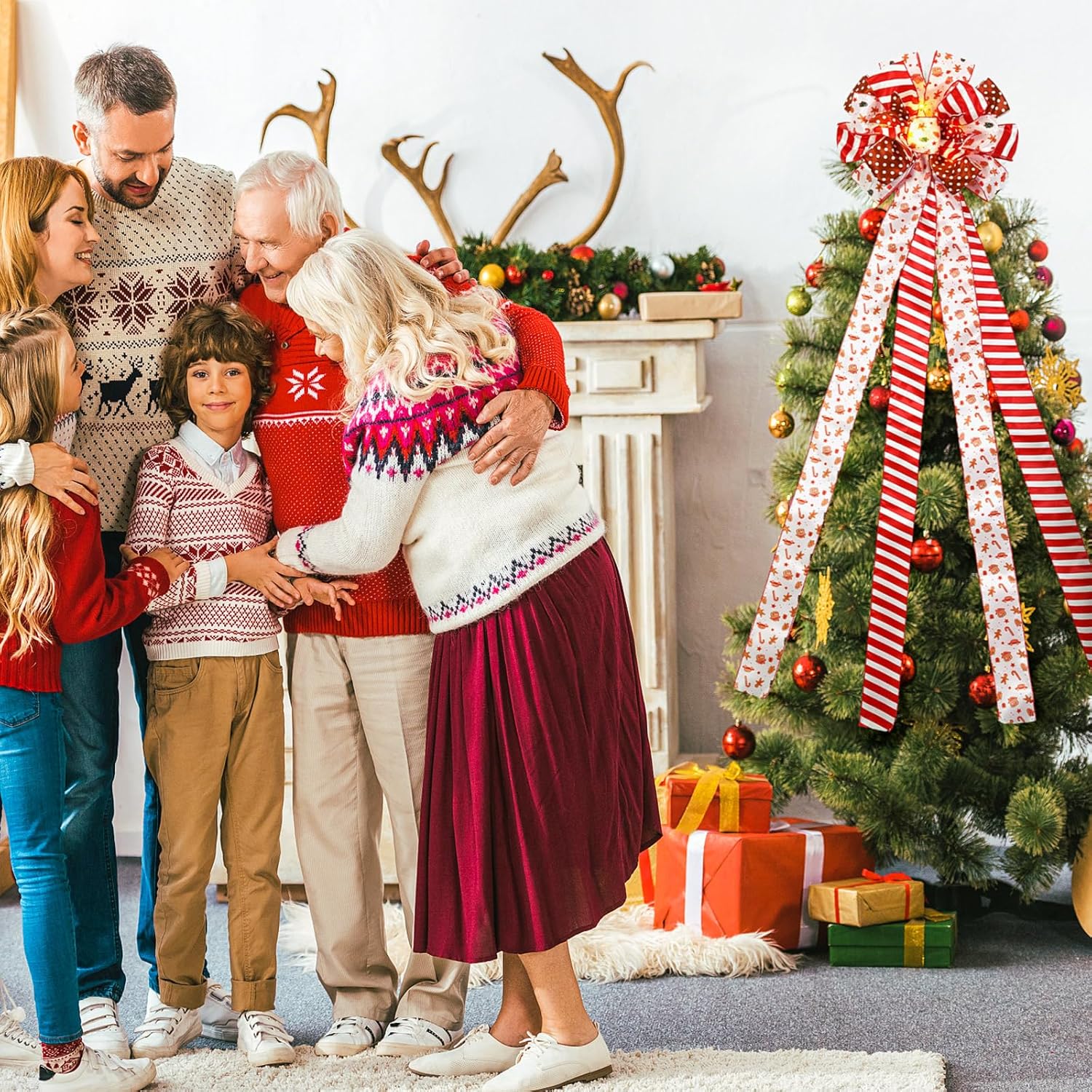 Christmas Tree Topper 12 x 45'' Large Christmas Bows with Glitter Large Gingerbread Man Toppers Decorative Gift Bows for Wreaths Thanksgiving Xmas Tree Ornament - Image 6