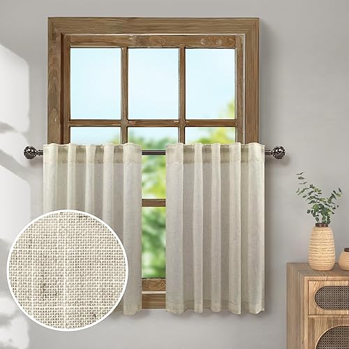 Cortinas de cocina de lino para ventana pequeña de 36 pulgadas de largo, 2 paneles con bolsillo con pestañas traseras, arpillera primitiva, granja,