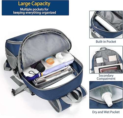 Miniatura 4 de Mochila de viaje ligera y plegable para mujeres y hombres, mochila de senderismo de 35L, regalos para excursionistas, Azul profundo, Plegable