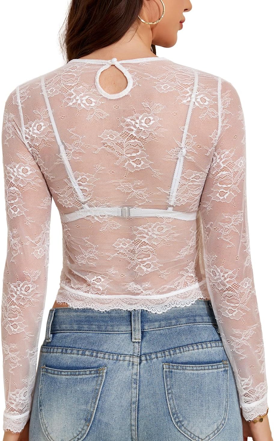 YYA Womens Mesh Tops Lace Long Sleeve Shirts Crewneck Slim Fitted Outfits See Through Blouses S-XXL - Image 7