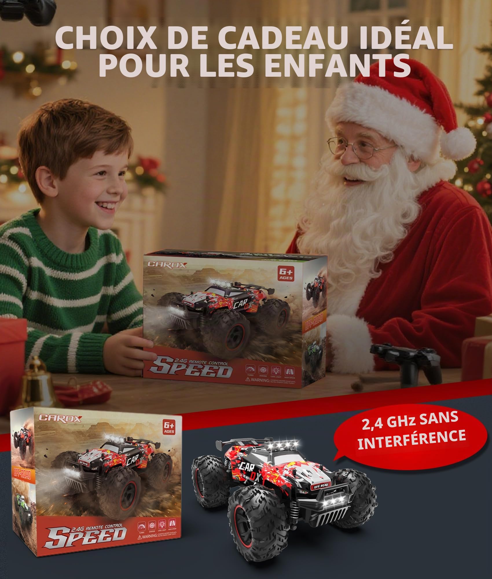 Voiture Télécommandée RC avec LED & 2 Batteries– Voiture Télécommandée Enfant 6 Ans+, Voiture Radio Commandé, 2 Vitesses (26 km/h), Camion Monstre, Cadeau Enfant Garçon Fille