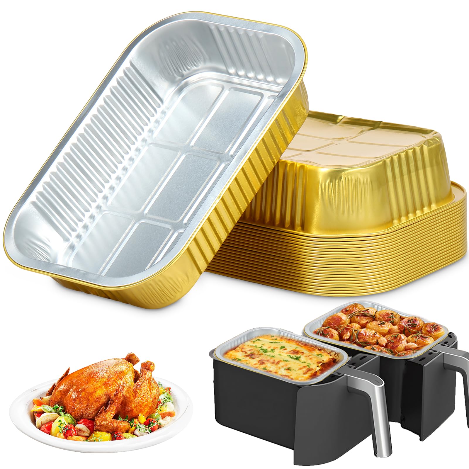 20pcs Non-Stick Aluminum Foil Baking Pans - 1050ml Waterproof Containers for Double Basket Air Fryer & Oven Cooking - 22x15x4.5cm