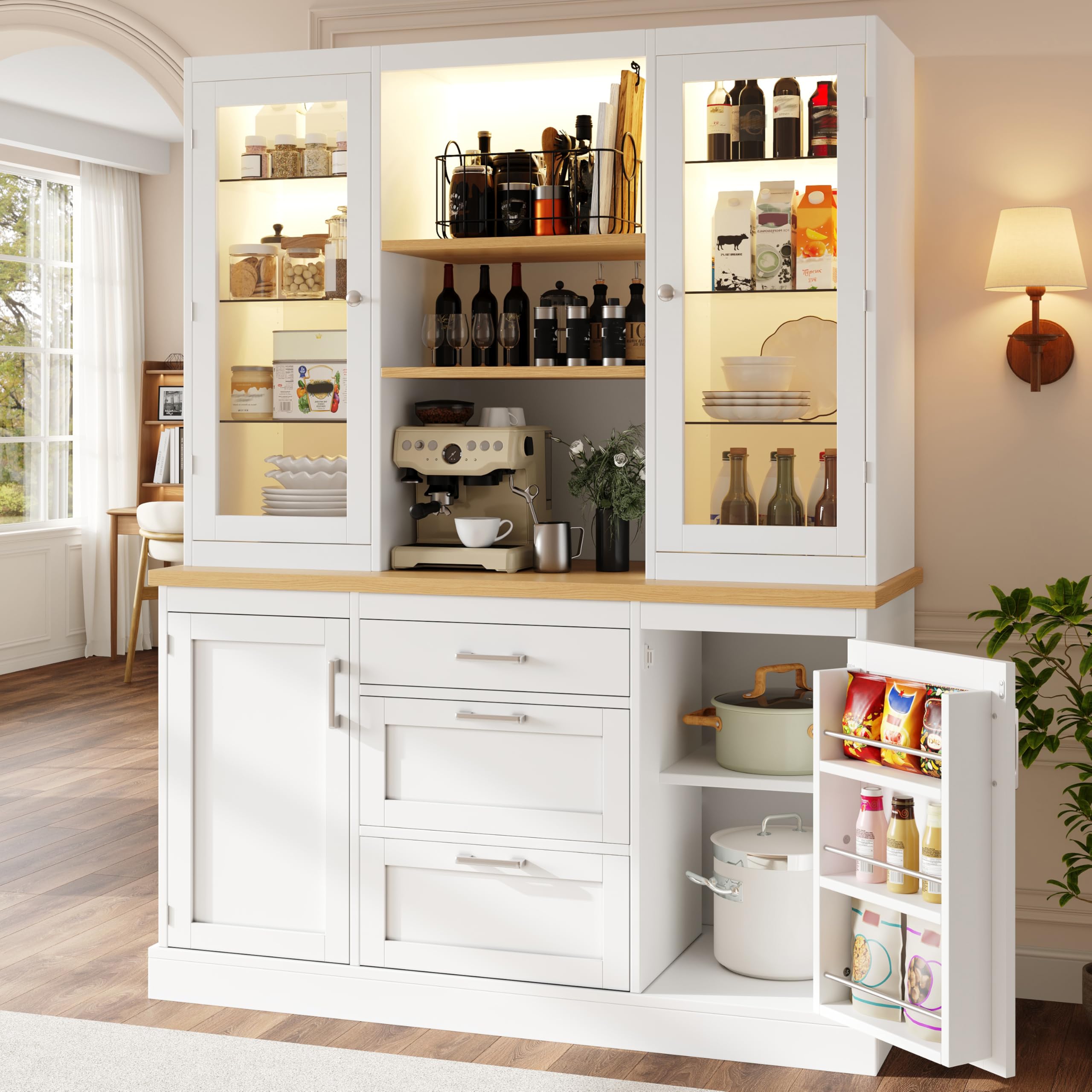 Dolamaní Credenza da cucina, 185 x 140 x 40 cm, buffet con illuminazione a LED controllata da app, ripiani regolabili, 3 cassetti, piano di lavoro (bianco)