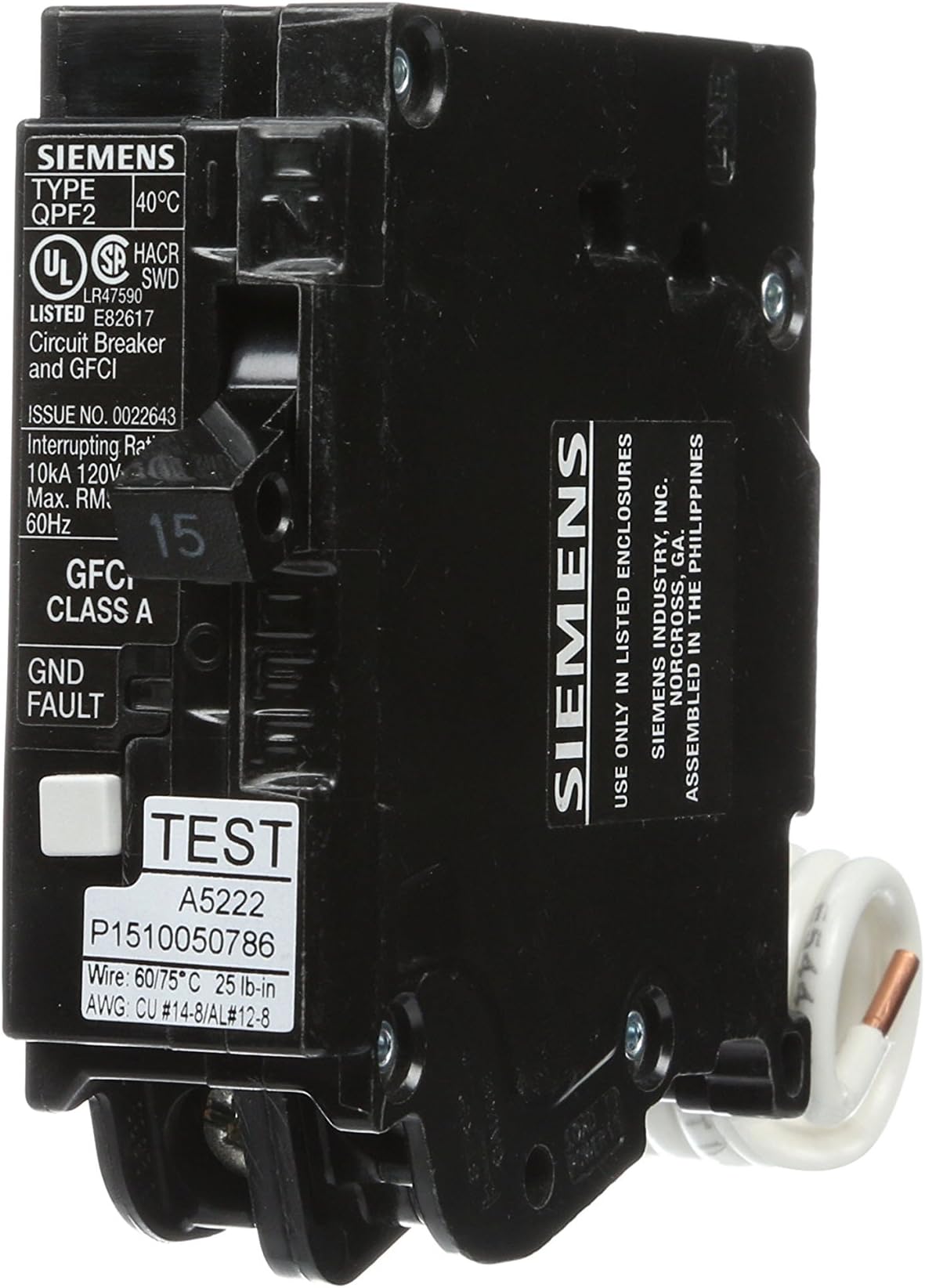 QF115A Ground Fault Circuit Interrupter, 15 Amp, 1 Pole, 120V, 10,000 AIC