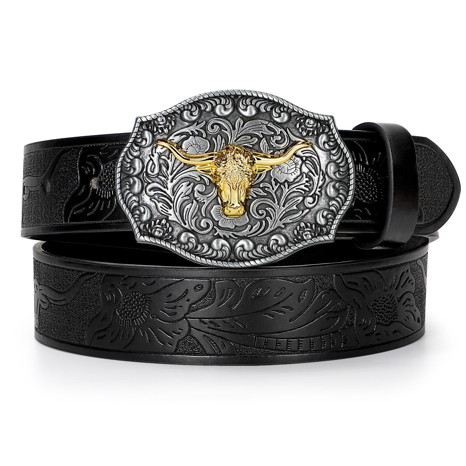 TRIWORKS Western PU Leather Belt for Men and Women Cowboy Cowgirl Belt Western Embossed Leather Belt