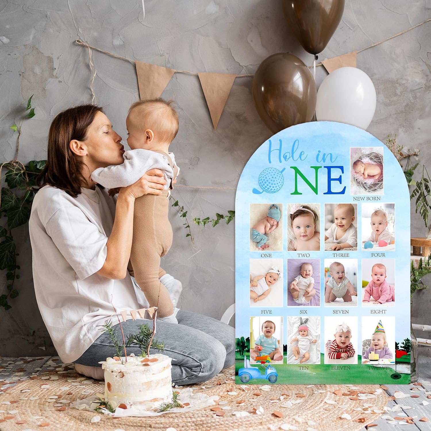 JarThenaAMCS Hole In One Party Photo Decoration Golf 12 Monthly Milestone Board Blue Green Photo Display Wood Board for Nursery First Birthday Decor Baby Keepsake, 25.6 x 17.1 x 0.2 In