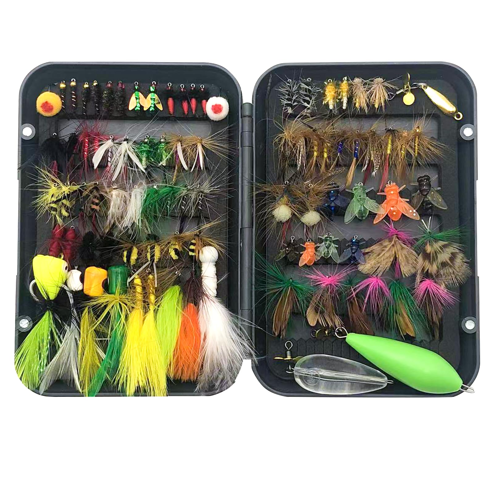 Hand Tied Fly Fishing Flies Assortment Kits, 88PCS Flies & Floating, Submersible Throwing Aid. Dry, Wet, Popper, Nymphs, Streamers, Wooly Buggers, Terrestrials | Trout, Bass Lure Set (88PCS)