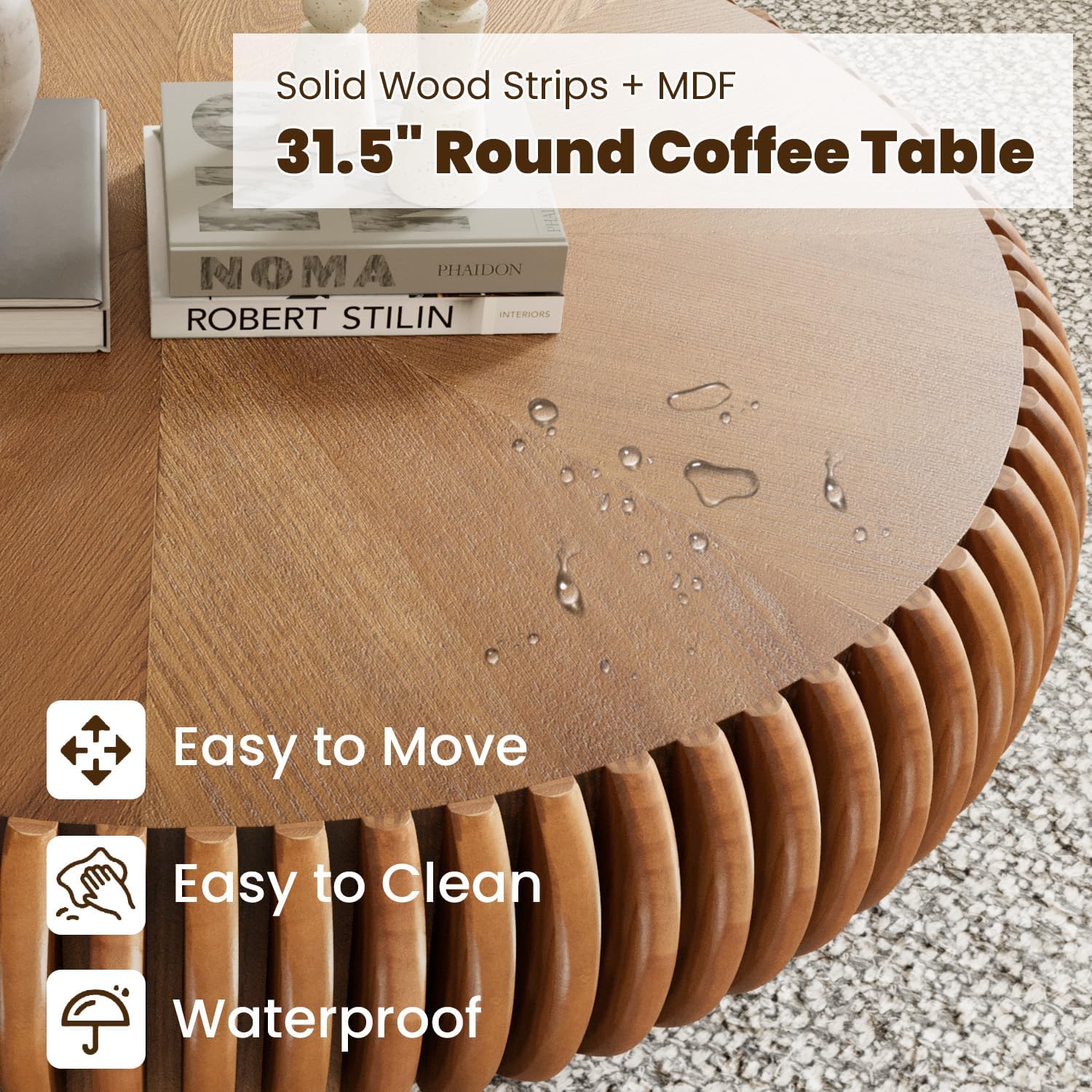 WXFKLDJ Mesa De Centro De Tambor De 80Cm, 31.5" Round Brown | Moderna Y Única, Con Diseño Acanalado, Redonda Y Contemporánea De Madera, Ideal Para Sala De Estar, En Nogal