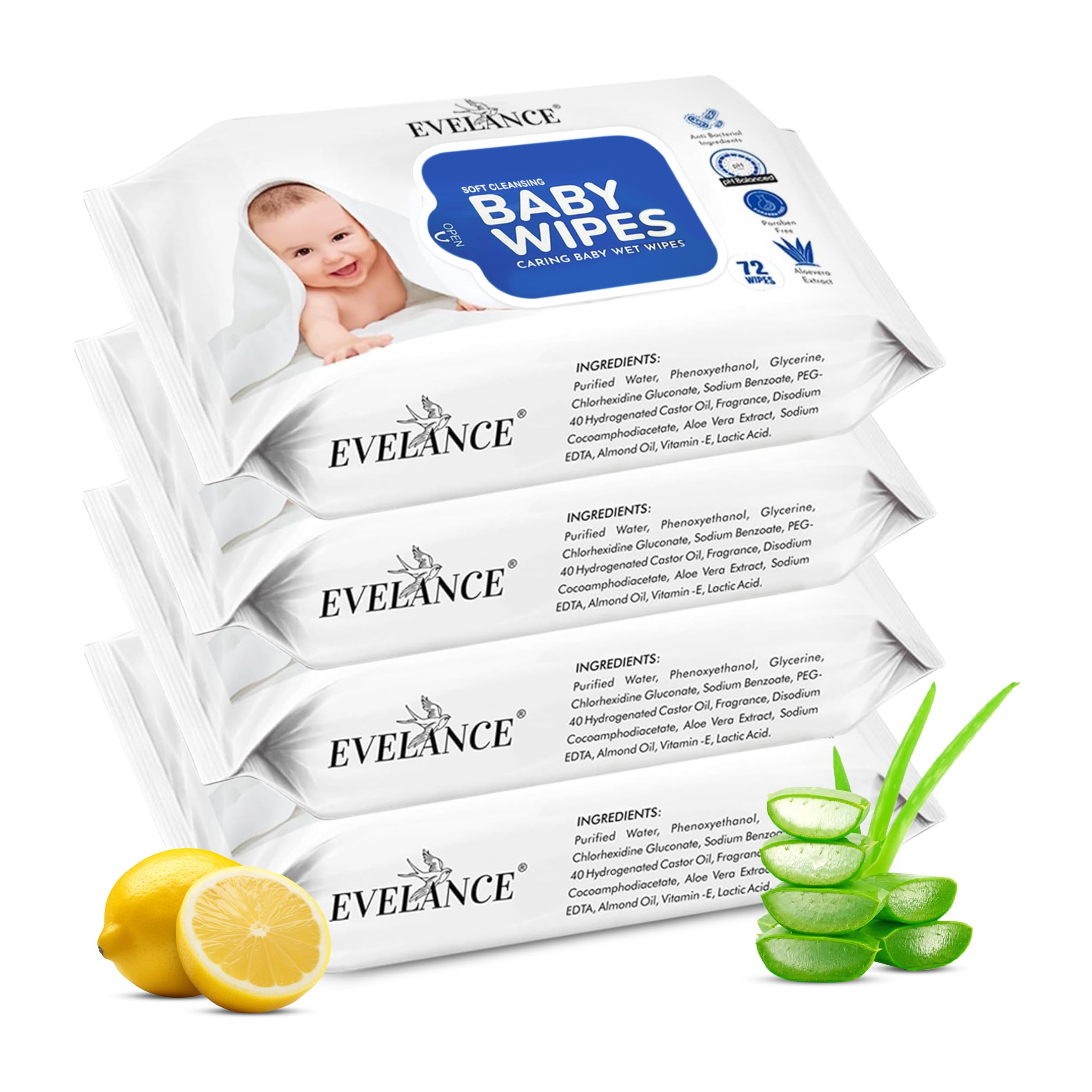 EVELANCE Soft Cleansing Baby Wet Wipes (Pack of 4) 72 Wipes Each, Daily Use Wipe Enriched with Glycerine, Aloe Vera, Lemon, 98% Water, For New Born Babies and Kids-image-40
