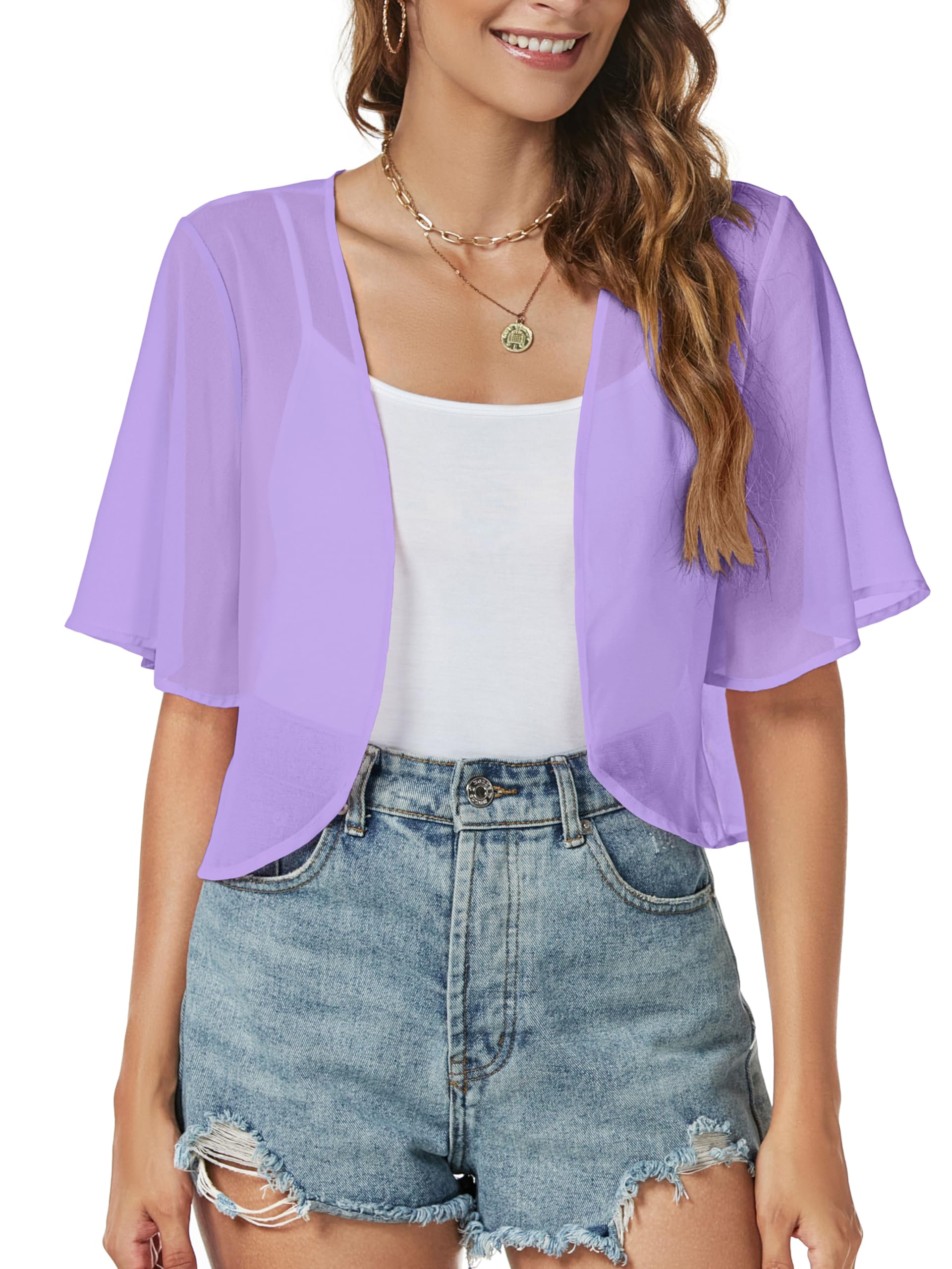 Women Shrug Chiffon Cardigan Open Front Short Sleeve Sheer Bolero for Dress | Lightweight Cropped,Loose Fit,Mesh Cover Up,Shawl Evening Dresses,Summer Outfits