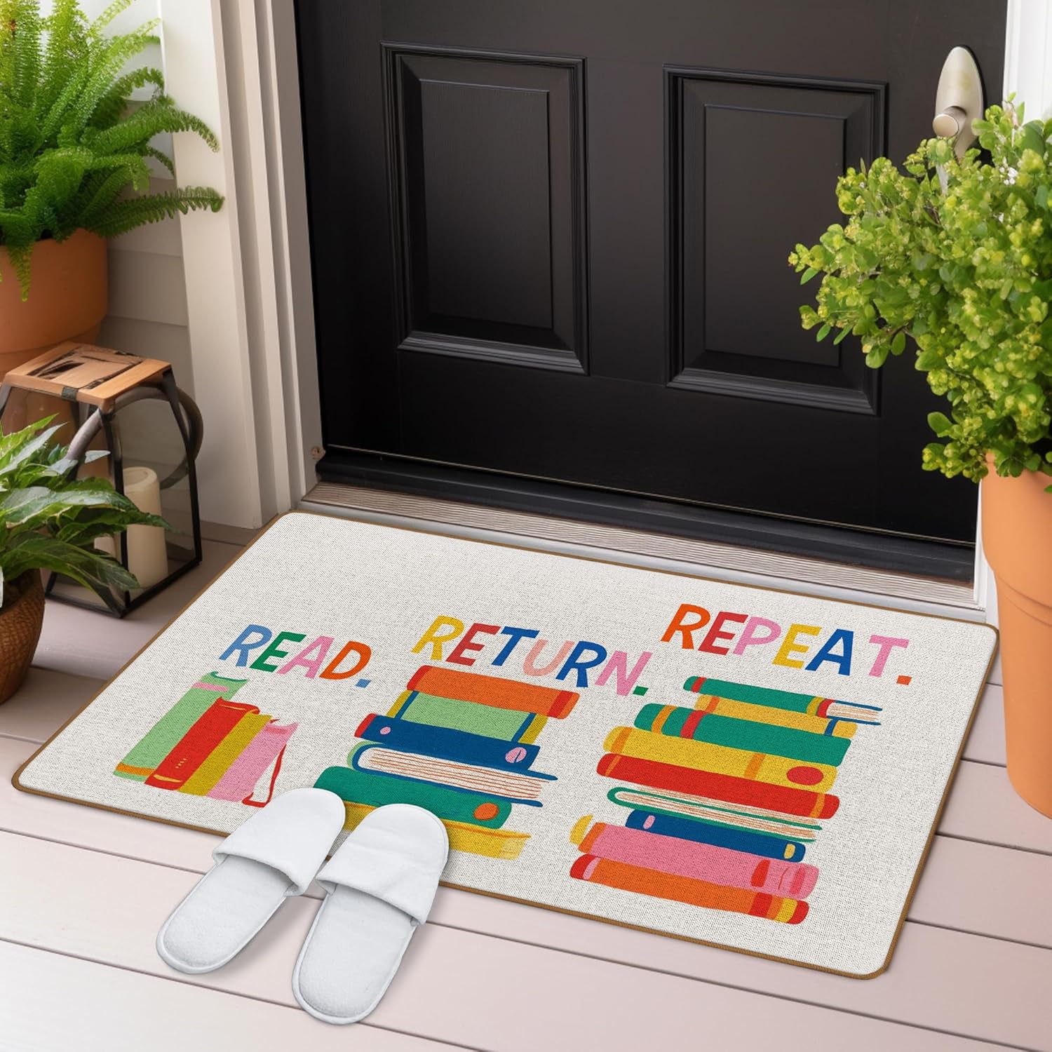 Classroom Library Door Mat, Reading Corner Decor，Boho Classroom Welcome Mat Front Doormats Indoor Outside Entrance for Nursery Kids Room, Read Return Repeat Kids Playroom Home Decor 17X29 Inch