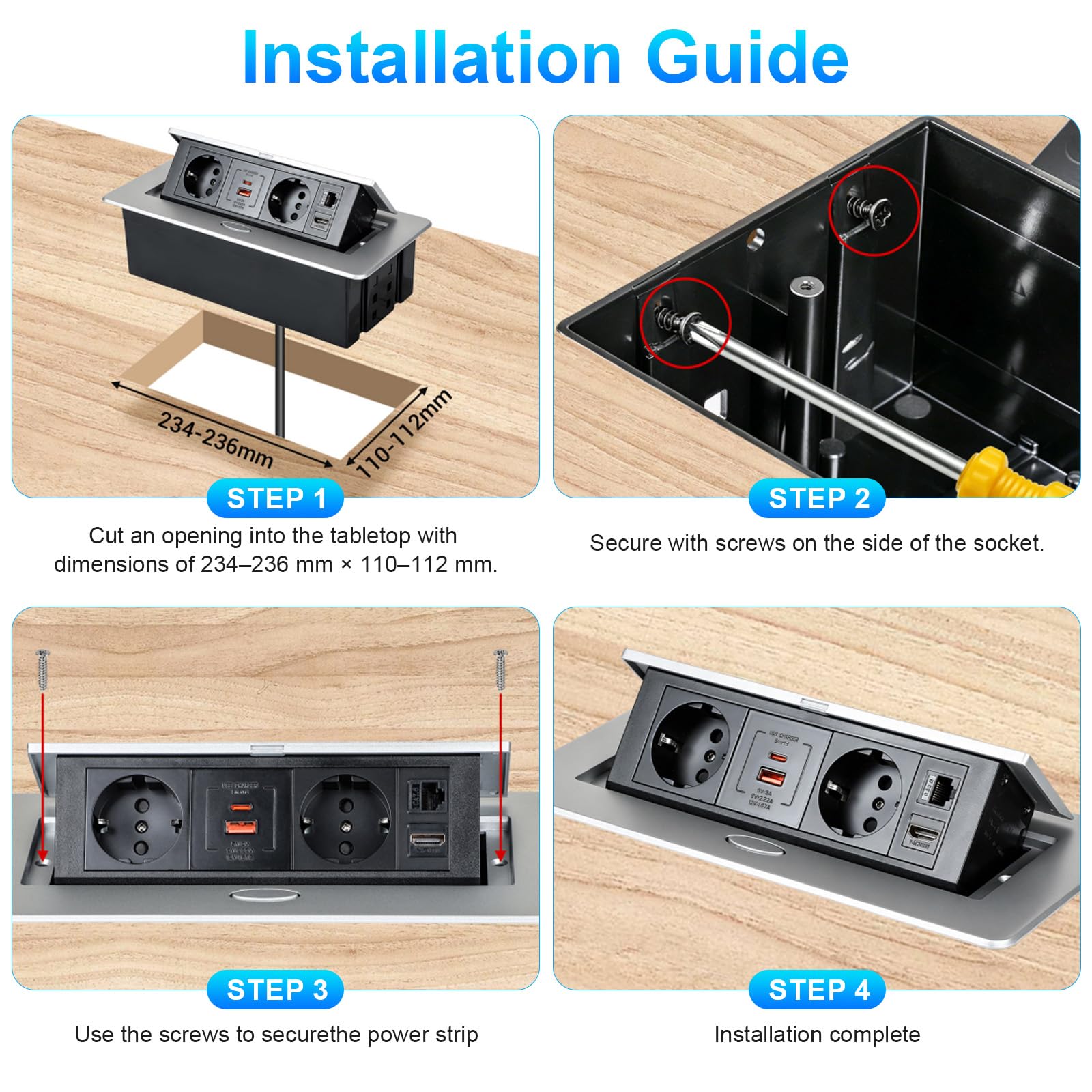 CPROSP Multiprise Encastrable avec 2 Prises, USB (A+C), HDMI 2.0 et RJ45