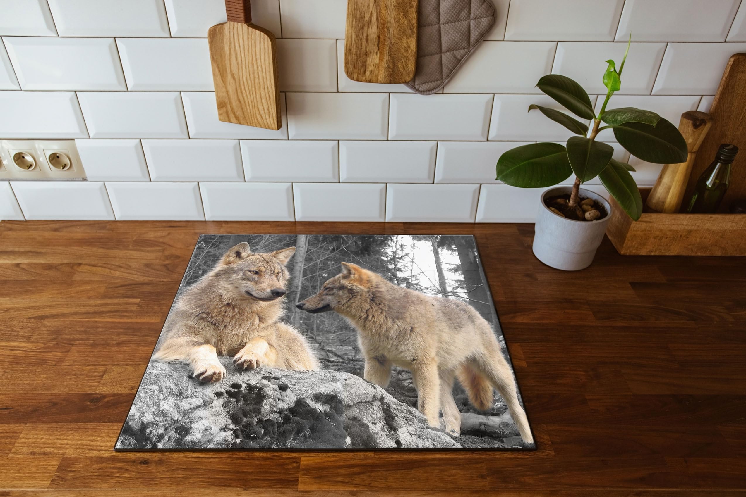 Wölfe im Wald Herdabdeckplatte & Spritzschutz aus Echtglas | Für Herd-Kochfelder | 60x52 cm