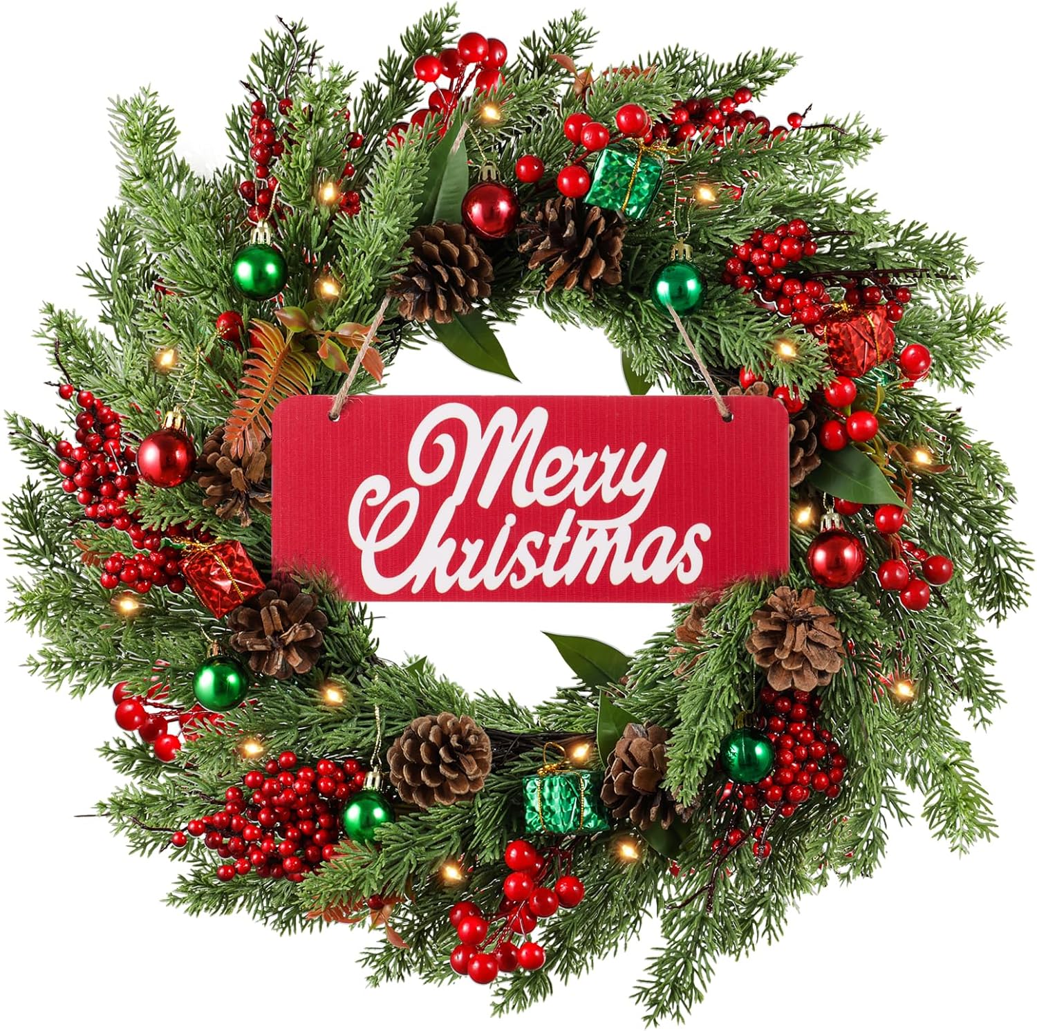 Artificial Christmas Wreath,20 inch Xmas Winter Door Wreath with Wooden Merry Christmas Sign,Balls,Gift Boxes,LED String Lights for Front Door,Window Home Wall Decor