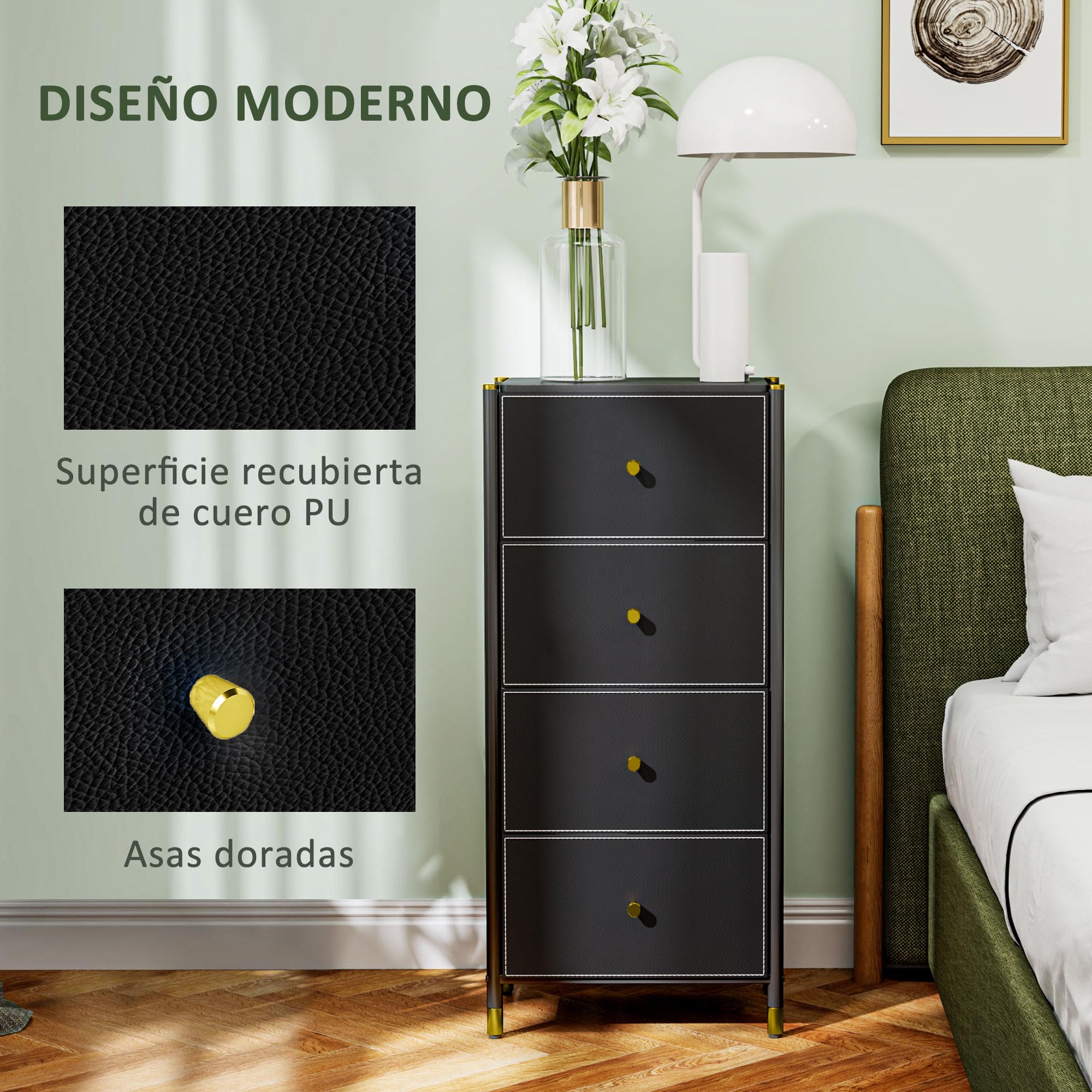 HOMCOM Cómoda para Dormitorio Cajonera de Tela 4 Cajones Plegables Negro