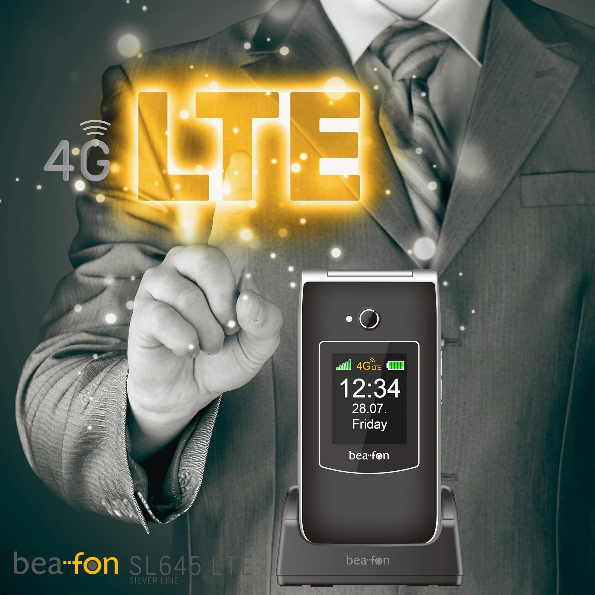 Beafon, SL645, LTE 4G, Silverline, telefono cellulare per anziani con pulsante di emergenza SOS pieghevole, XXL, display interno da 7,11 cm, display esterno a colori da 4,49 cm, fotocamera da 3,0 MP