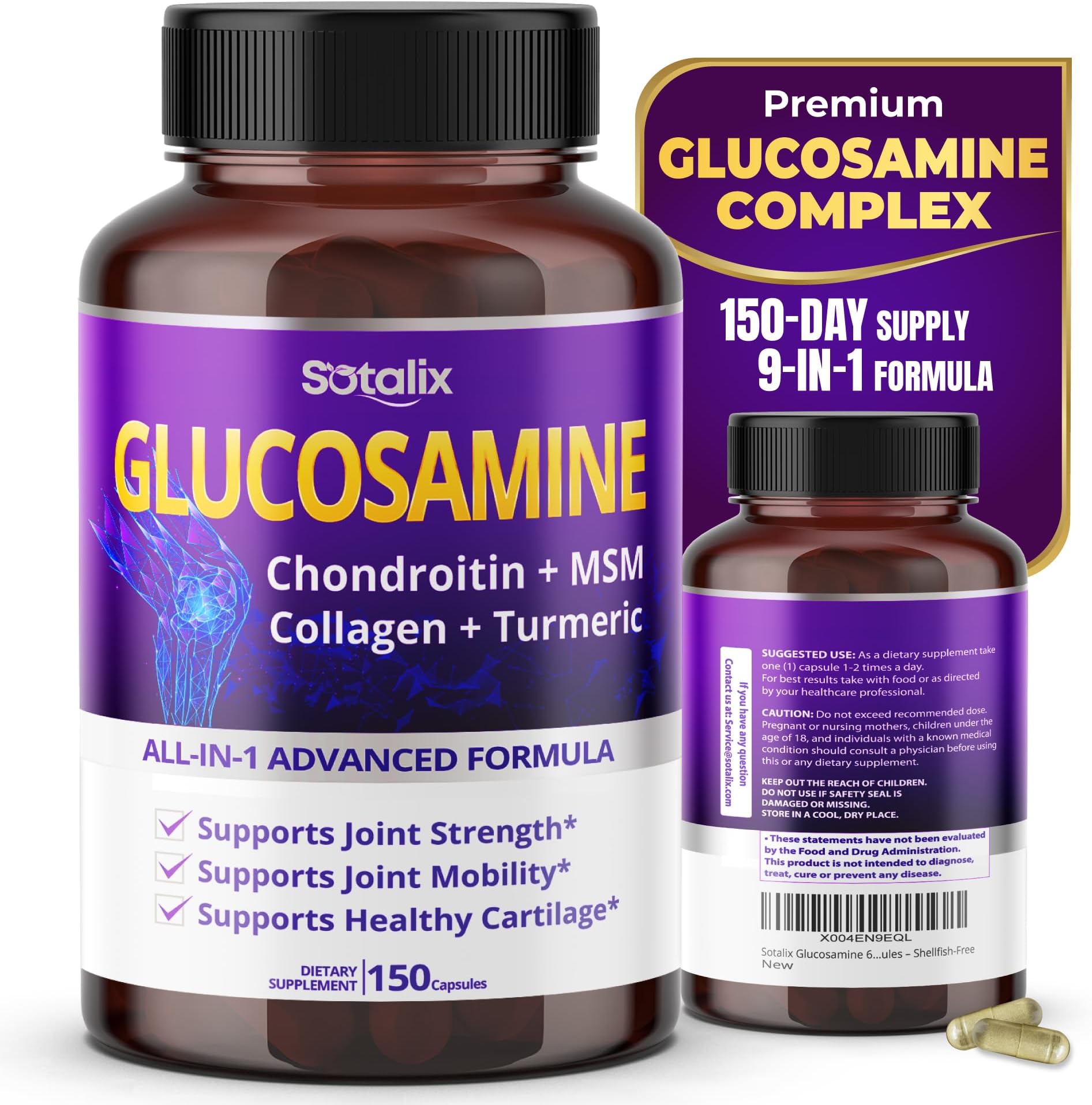 Sotalix Glucosamine 650mg โ All-in-1 Joint Support with Chondroitin, MSM, Collagen, Turmeric, Vitamin D3 & Hyaluronic Acid โ 150 Capsules โ Shellfish-Free