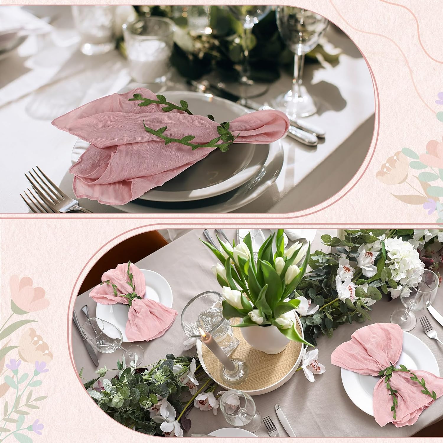 80 Set Dusty Pink Cheesecloth Napkins with Napkins Ring 18 x 18 Inch Gauze Sage Cloth Napkin Cotton Reusable Dinner Leaf Ribbon Rustic Linen Table for Wedding Baby Shower Event Party