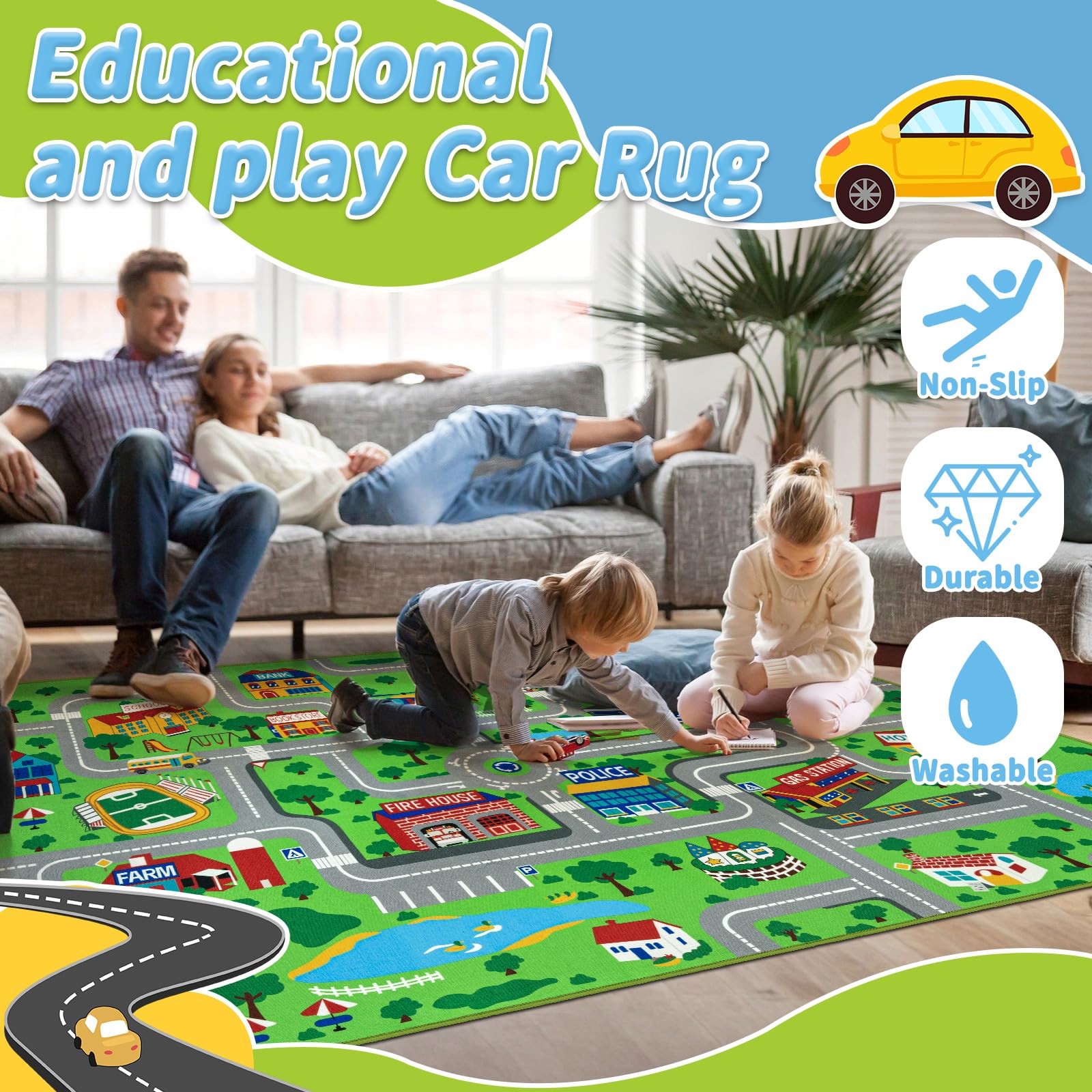 Capslpad Kinderteppich 150x200cm rutschfest Stadtplan Spielteppich Pädagogischer Spielteppich Maschinenwaschbar Kurzer Flor Autoteppich Kinder für Kinderzimmer Schlafzimmer Spielzimme Grün