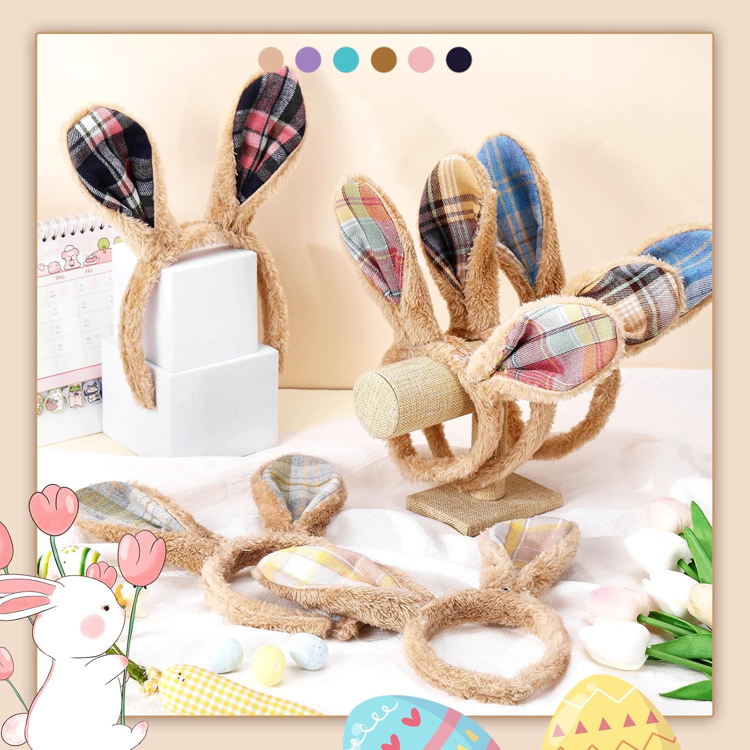 Daifunli 6 Pcs Easter Bunny Ears Headbands Rabbit Ear Headband Plaid Bunny Headband Hair Accessories One Size for Women Adult Easter Party Decoration Brown
