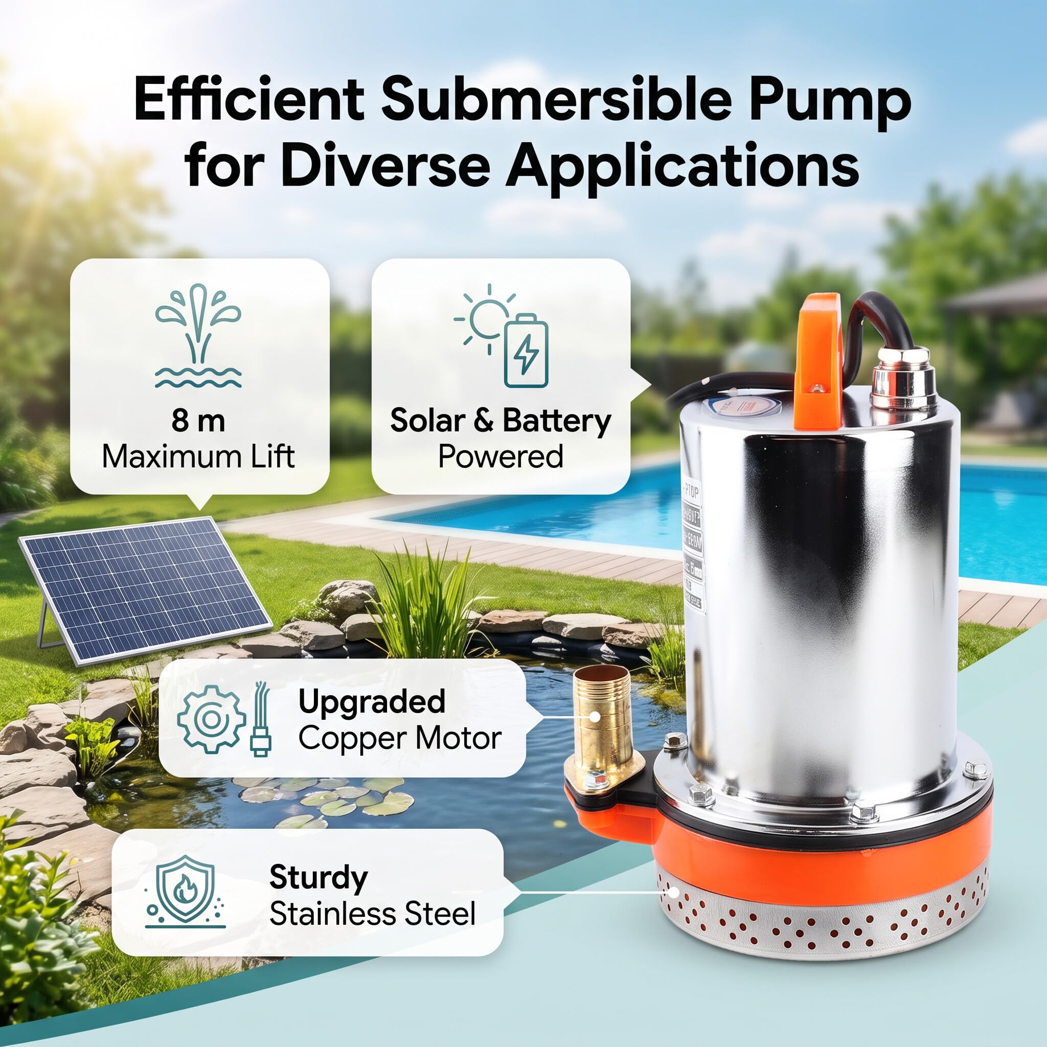 Piccola Pompa Sommersa, Sollevamento 8 M, Alimentazione a Batteria e Energia Solare, Acciaio Inossidabile, 12V