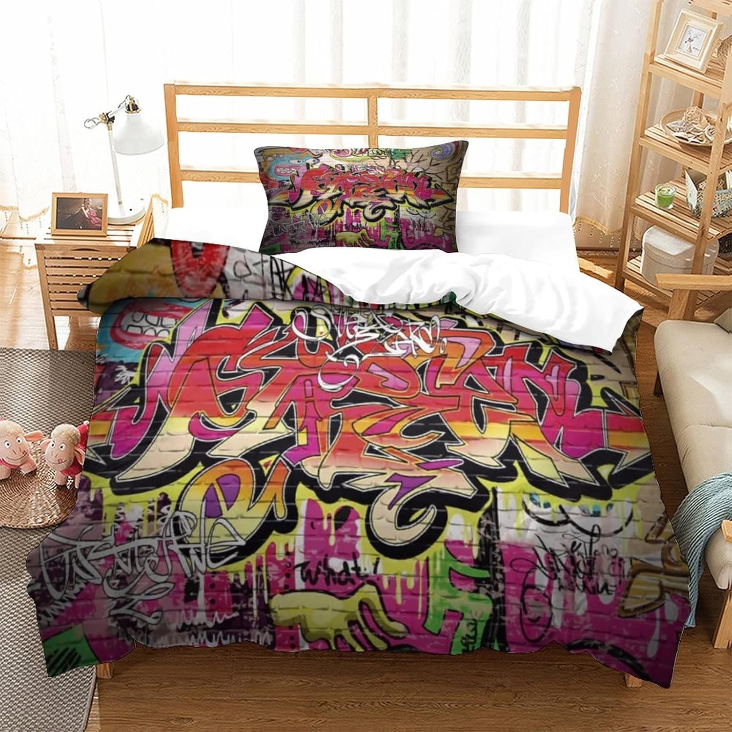 Graffiti Duvet Cover Set,Street Art Bedding Set,3 Piece Soft Microfiber